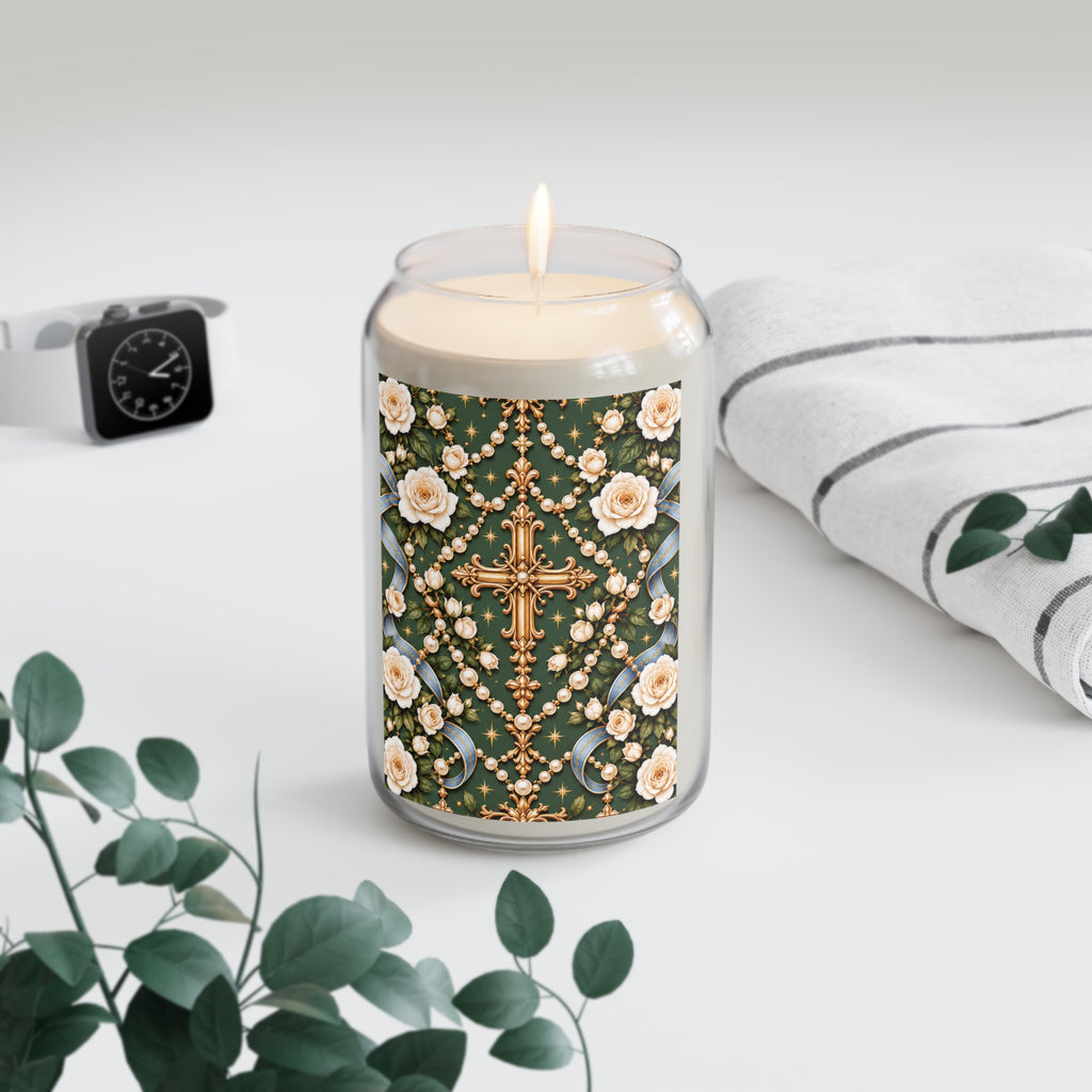 Rosary of Light Sage Blue Centered Cross Luxe Candle