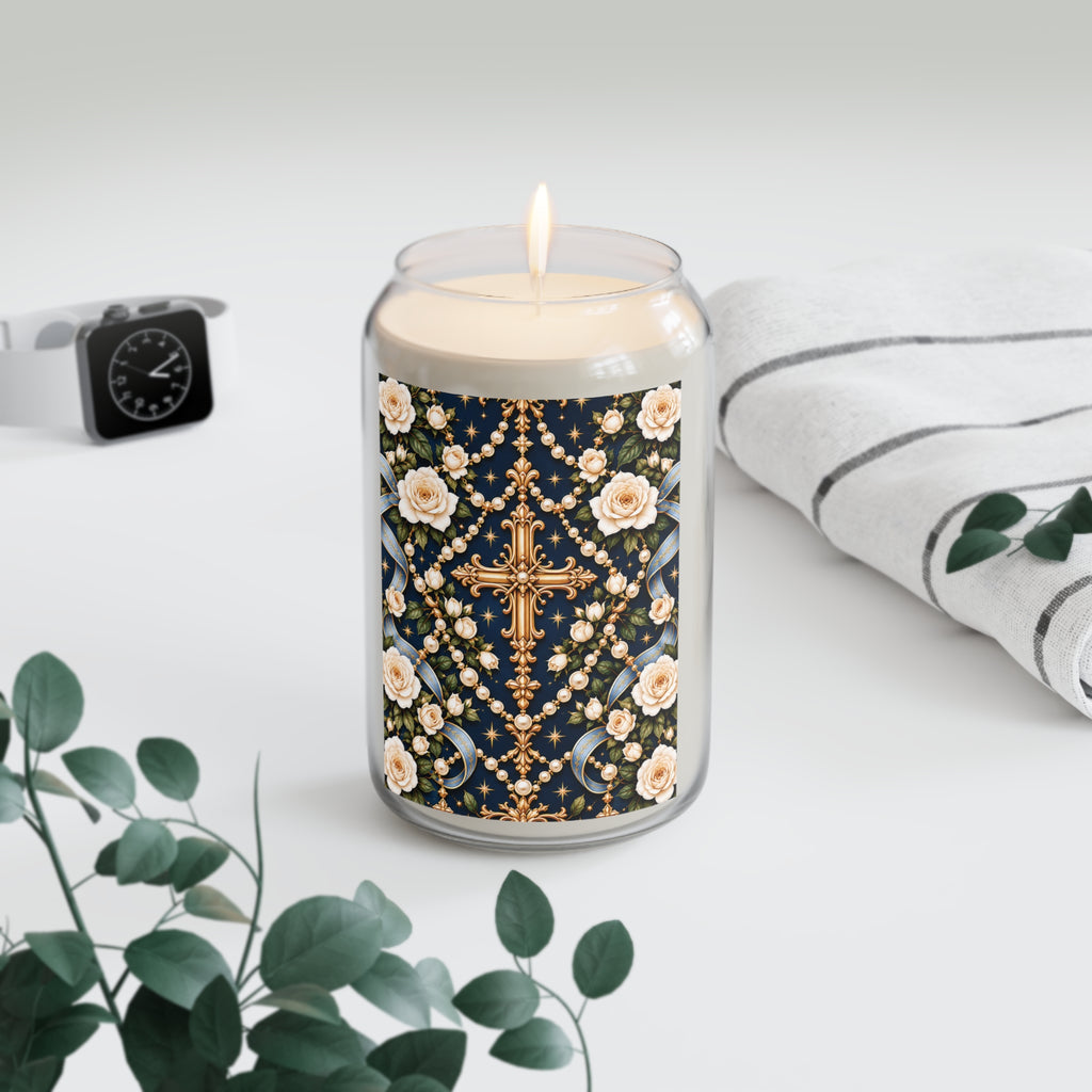 Rosary of Light Sapphire Centered Cross Luxe Candle