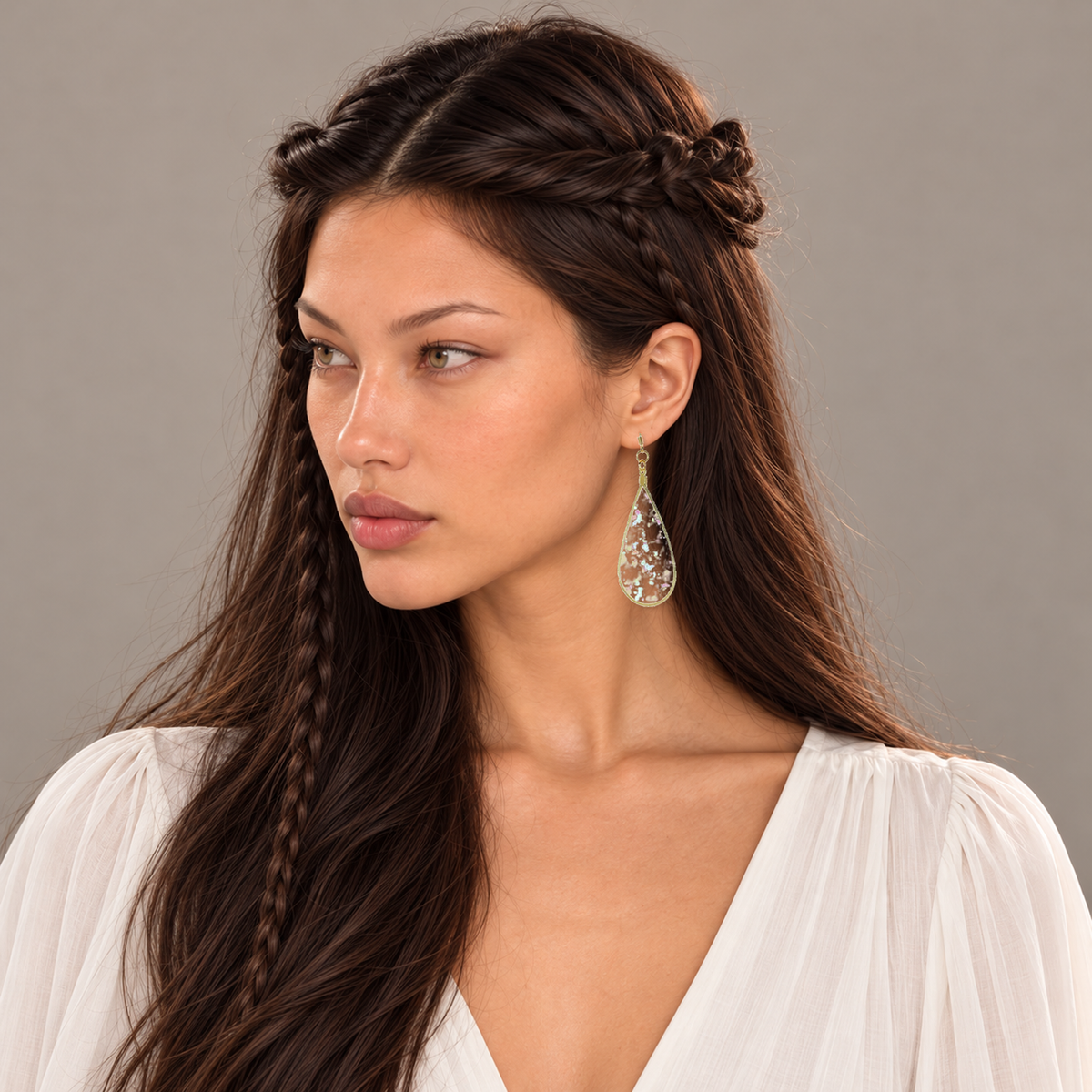 Solène wearing Large Rose Quartz 14K Gold Teardrop Dangle Earrings