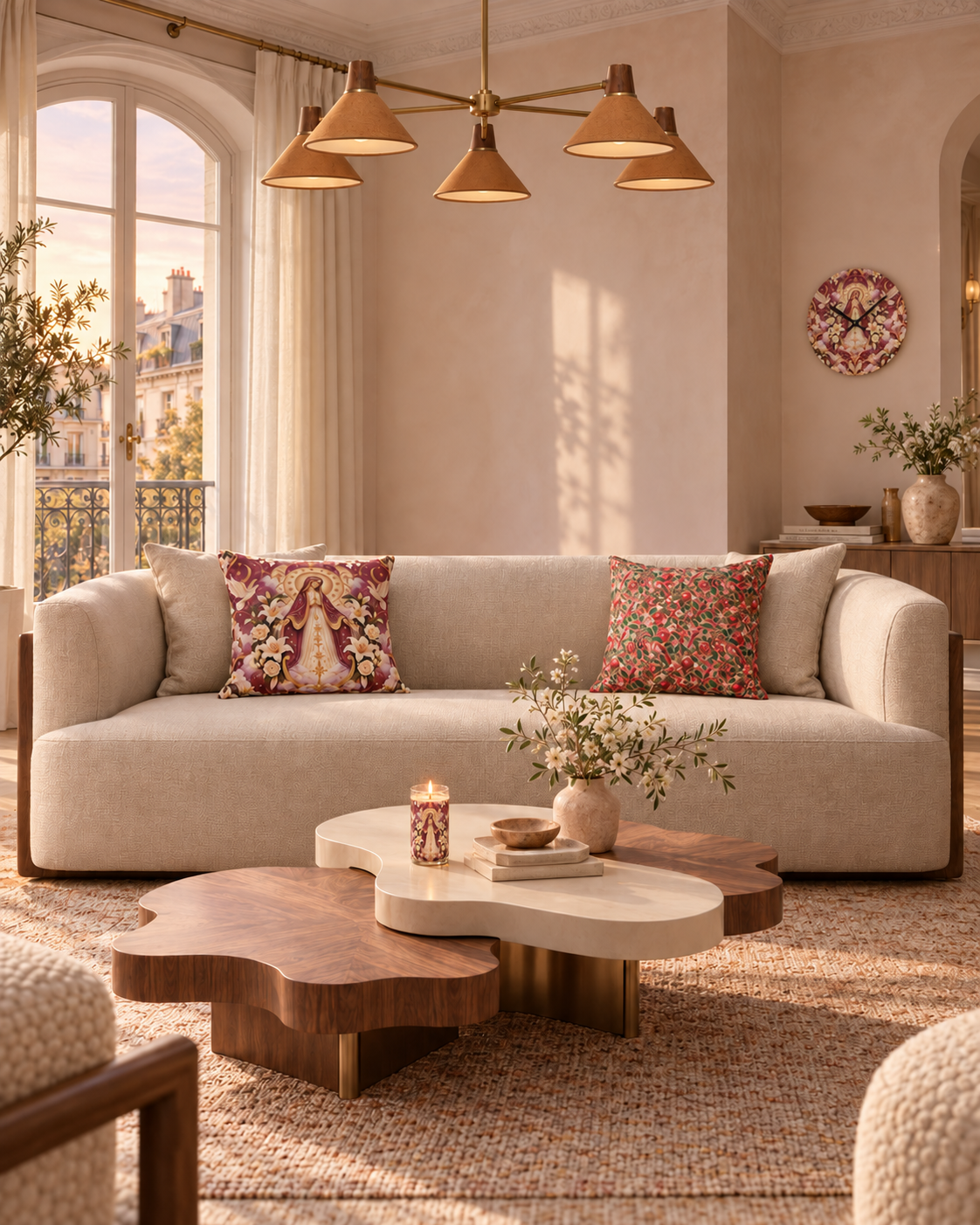 AI-styled interior: Rose Dawn Salon featuring Marian Radiance Rose Dawn Luxe Candle, Marian Radiance Rose Dawn Centered Mary Decorative Pillow, Marian Radiance Rose Dawn Acrylic Wall Clock, Gilded Orchard Pink Orchard Decorative Pillow