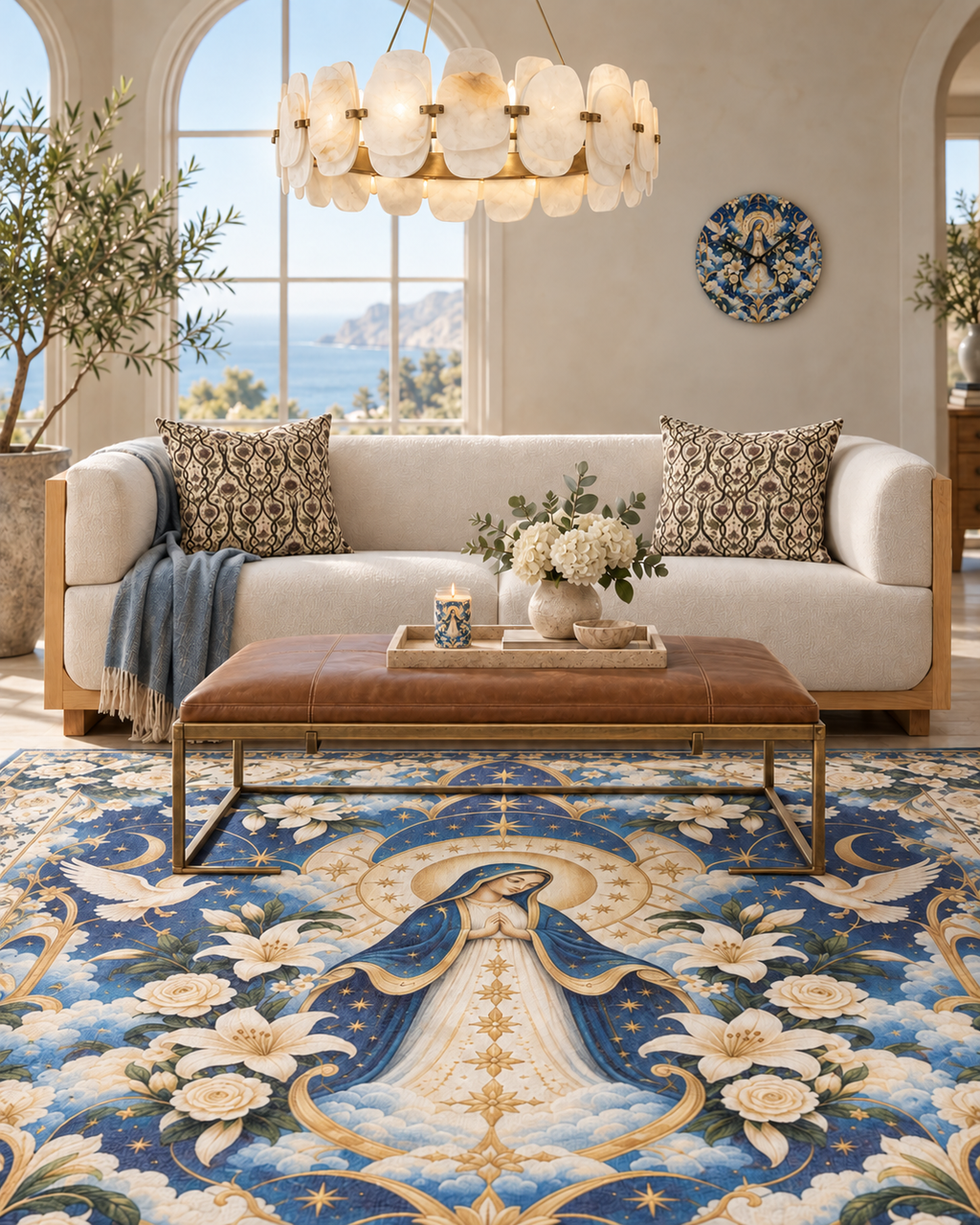 AI-styled interior: Marian Blue Atelier featuring Marian Radiance Marian Blue Luxe Candle, Marian Radiance Marian Blue Acrylic Wall Clock, Marian Radiance Marian Blue Single Mary Area Rug, Serpent Conservatory Moon Milk Decorative Pillow