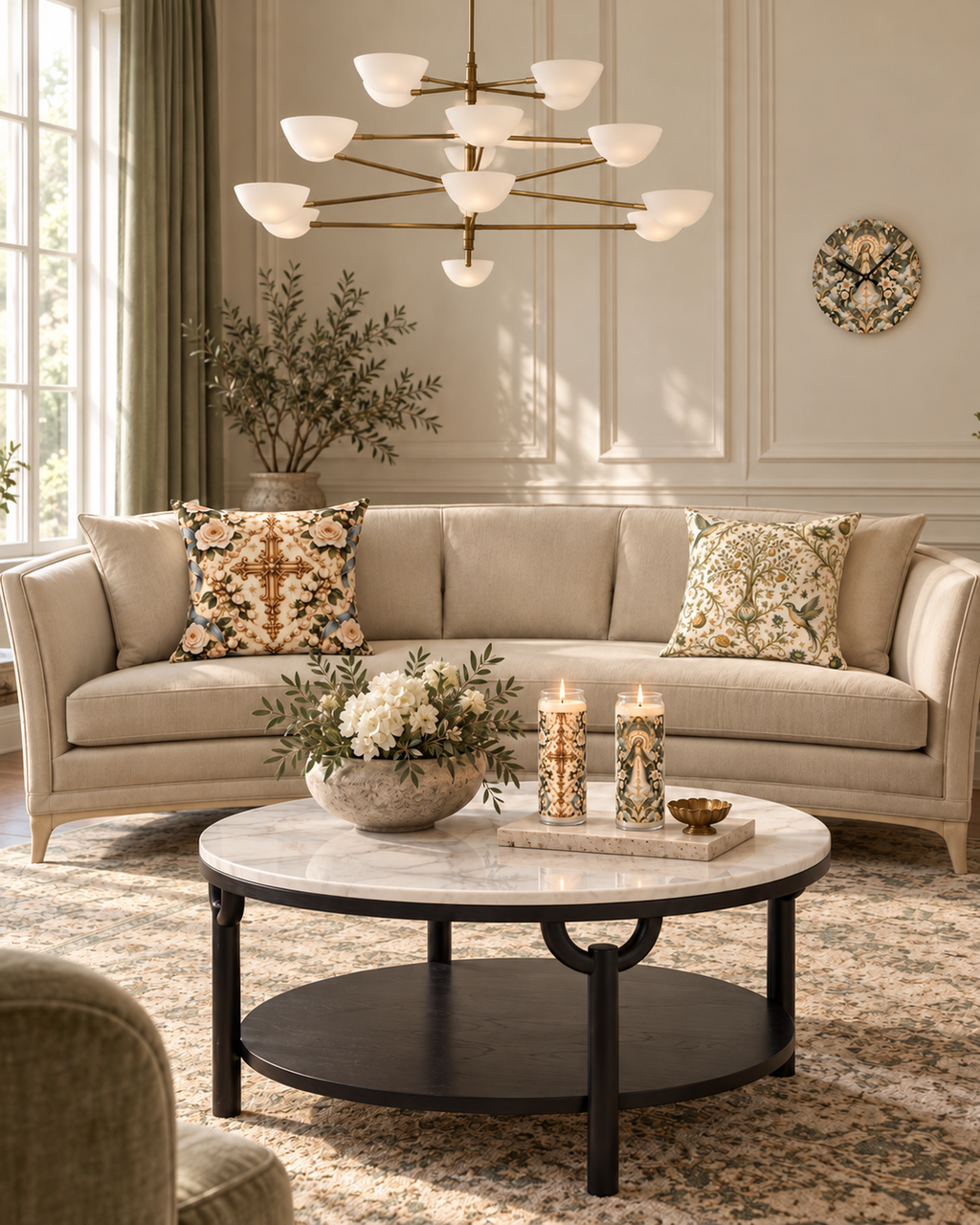 AI-styled interior: Ivory Rosary Drawing Room featuring Rosary of Light Ivory Centered Cross Luxe Candle, Rosary of Light Ivory Centered Cross Decorative Pillow, Marian Radiance Moon Milk Luxe Candle, Marian Radiance Moon Milk Acrylic Wall Clock, Sacred Canopy Moon Milk Decorative Pillow