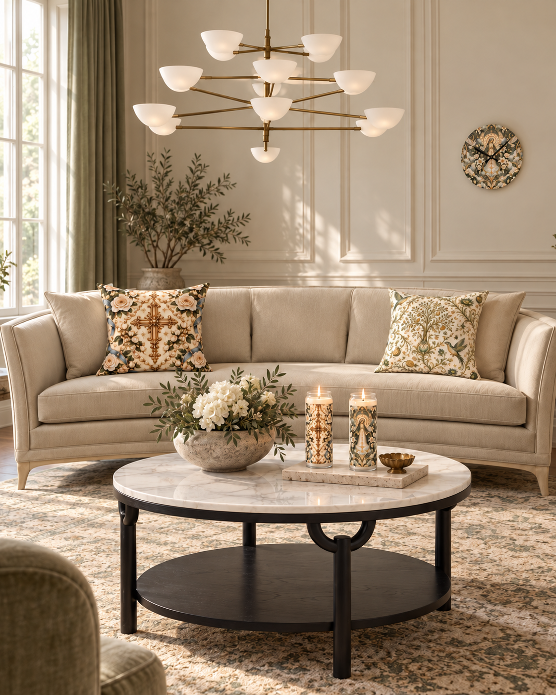 AI-styled interior: Ivory Rosary Drawing Room featuring Rosary of Light Ivory Centered Cross Luxe Candle, Rosary of Light Ivory Centered Cross Decorative Pillow, Marian Radiance Moon Milk Luxe Candle, Marian Radiance Moon Milk Acrylic Wall Clock, Sacred Canopy Moon Milk Decorative Pillow