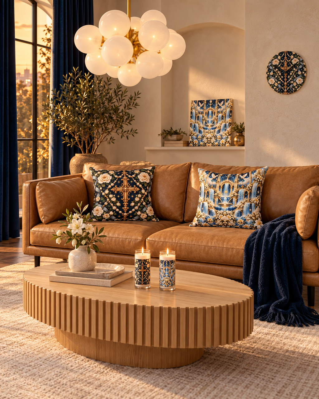 AI-styled interior: Sapphire City Sanctuary featuring Rosary of Light Sapphire Centered Cross Luxe Candle, Rosary of Light Sapphire Centered Cross Decorative Pillow, Living Waters Sanctuary Celestial Blue 20-inch Pillow, Living Waters Sanctuary Celestial Blue Luxe Candle, Living Waters Sanctuary Celestial Blue 8-inch Canvas, Rosary of Light Sapphire Centered Cross Acrylic Wall Clock