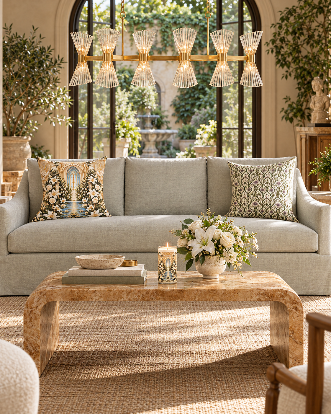 AI-styled interior: Champagne Garden Lounge featuring Immaculate Garden Champagne Luxe Candle, Immaculate Garden Champagne Decorative Pillow, Serpent Conservatory Garden Mist Decorative Pillow