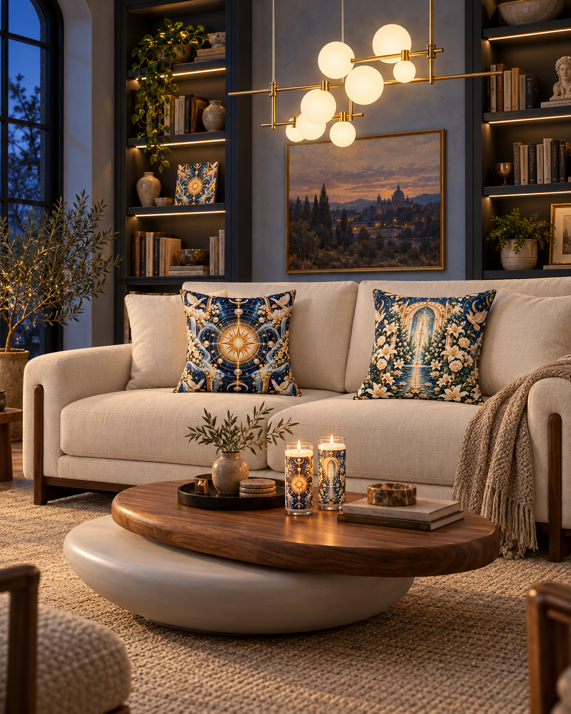 AI-styled interior: Celestial Blue Library featuring Cosmic Glory Celestial Blue 20-inch Pillow, Cosmic Glory Celestial Blue Luxe Candle, Cosmic Glory Celestial Blue 8-inch Canvas, Immaculate Garden Marian Blue Luxe Candle, Immaculate Garden Marian Blue Decorative Pillow