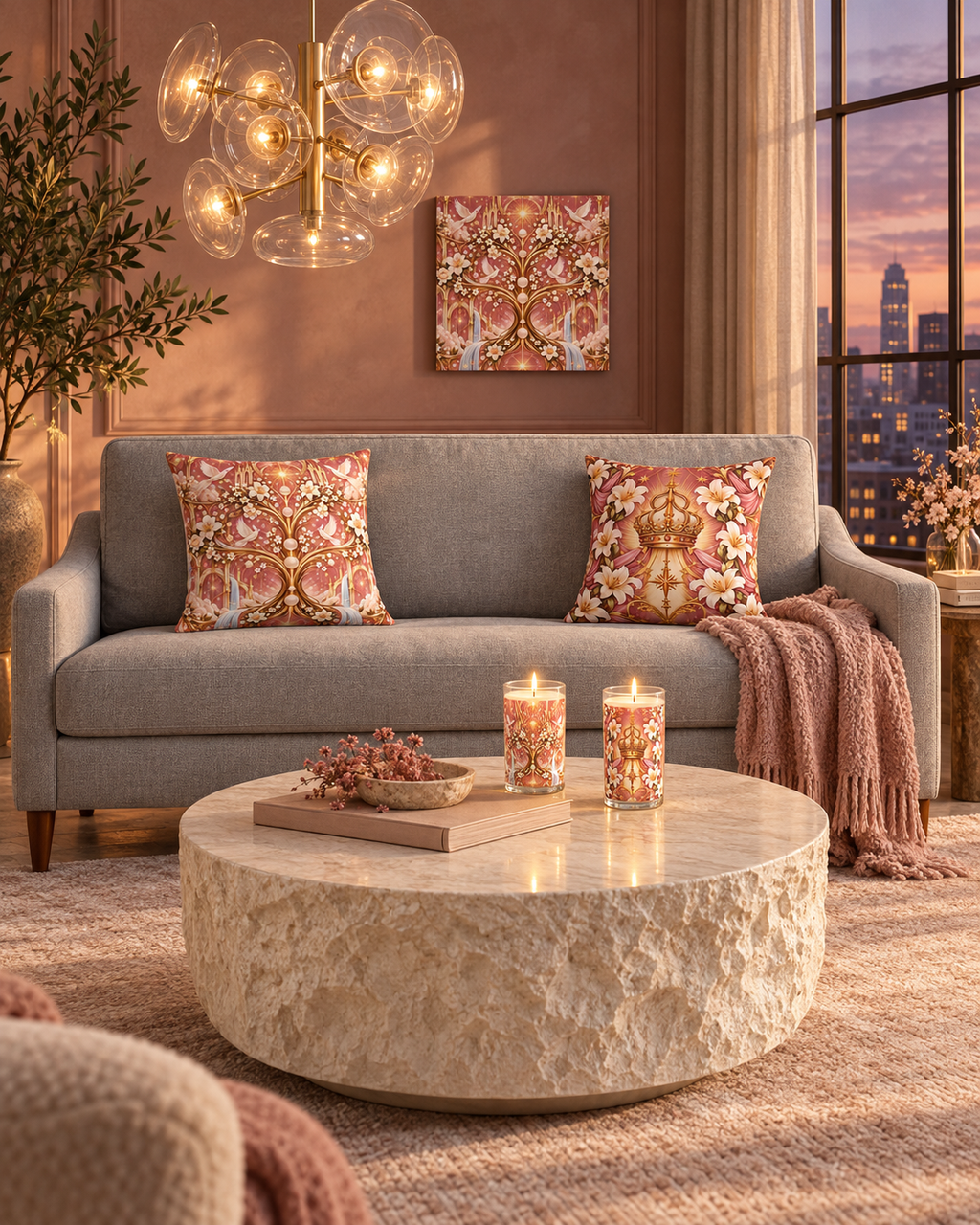 AI-styled interior: Rose Crown Salon featuring Tree of Heaven Rose Twilight Luxe Candle, Tree of Heaven Rose Twilight Wrapped Canvas, Tree of Heaven Rose Twilight Decorative Pillow, Queen of Heaven Dusty Rose Luxe Candle, Queen of Heaven Dusty Rose Decorative Pillow