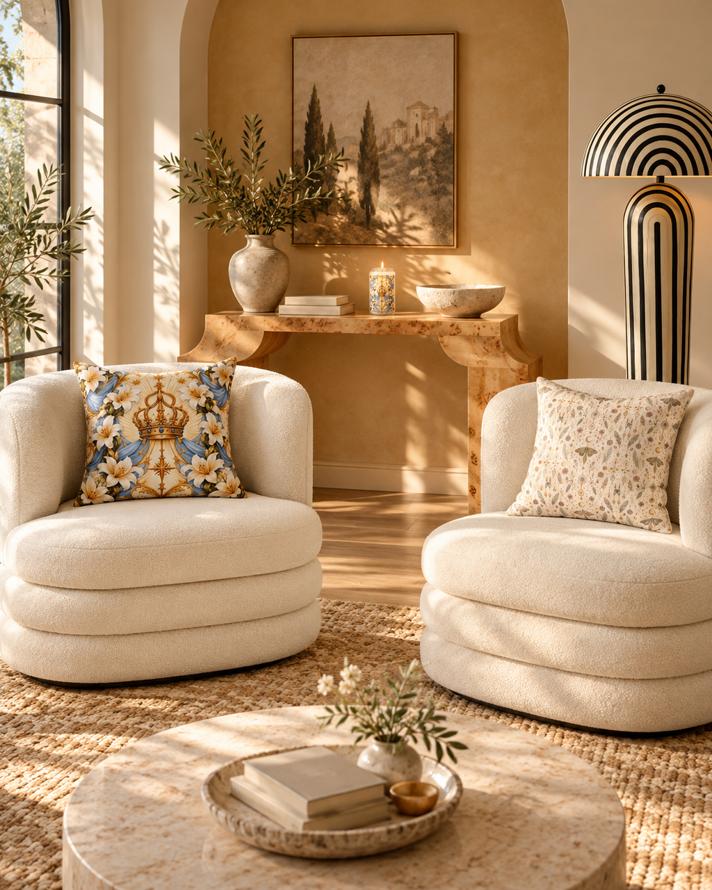 AI-styled interior: Golden Hour Retreat featuring Queen of Heaven Ivory Gold Luxe Candle, Queen of Heaven Ivory Gold Decorative Pillow, Talisman Moonlight Moon Milk Decorative Pillow
