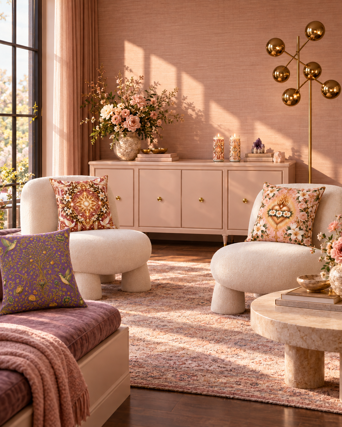 AI-styled interior: Rose Heart Reading Room featuring Divine Light Mandala Rose Dawn Luxe Candle, Divine Light Mandala Rose Dawn 20-inch Pillow, Immaculate Heart Blush Rose Luxe Candle, Immaculate Heart Blush Rose 20-inch Pillow, Sacred Canopy Amethyst Decorative Pillow