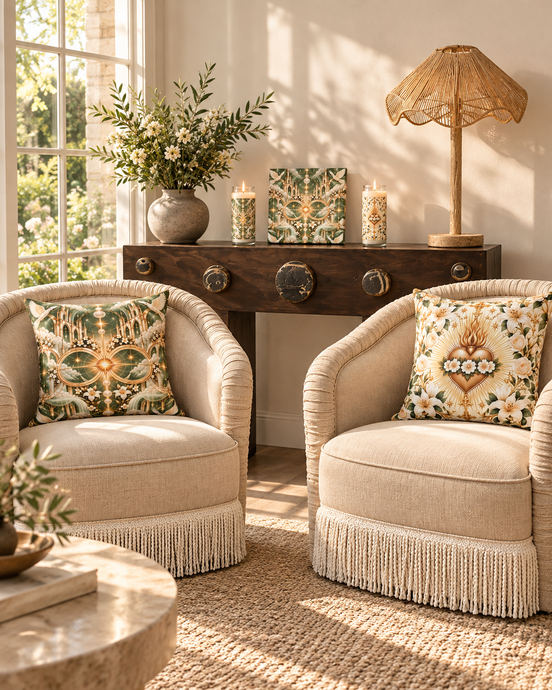 AI-styled interior: Sage Cathedral Corner featuring Cathedral of Light Sage Sanctuary Luxe Candle, Cathedral of Light Sage Sanctuary 20-inch Pillow, Cathedral of Light Sage Sanctuary 8-inch Canvas, Immaculate Heart Ivory Luxe Candle, Immaculate Heart Ivory Decorative Pillow