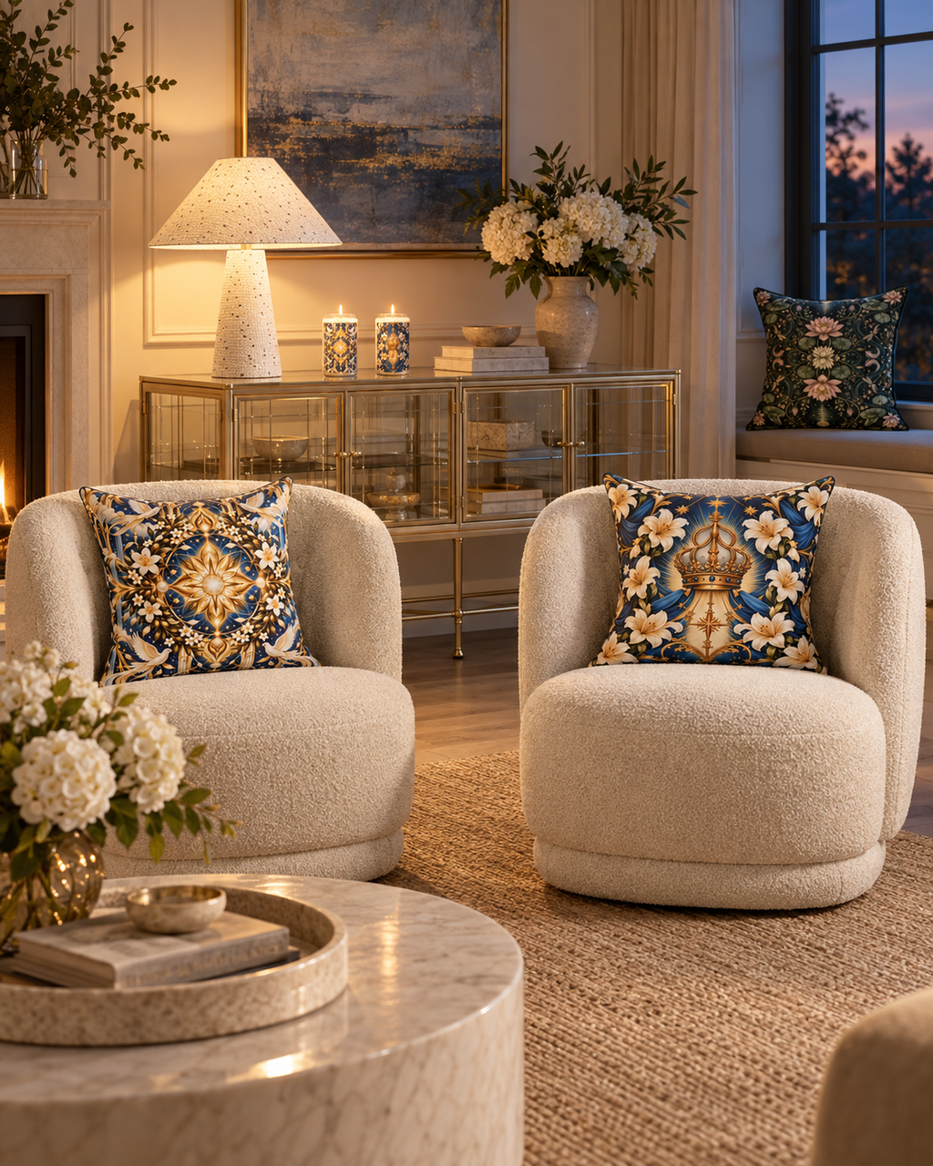 AI-styled interior: Royal Blue Quiet Room featuring Divine Light Mandala Celestial Blue Luxe Candle, Divine Light Mandala Celestial Blue 20-inch Pillow, Queen of Heaven Royal Blue Luxe Candle, Queen of Heaven Royal Blue Decorative Pillow, Nymphaea Nocturne Nocturne Decorative Pillow