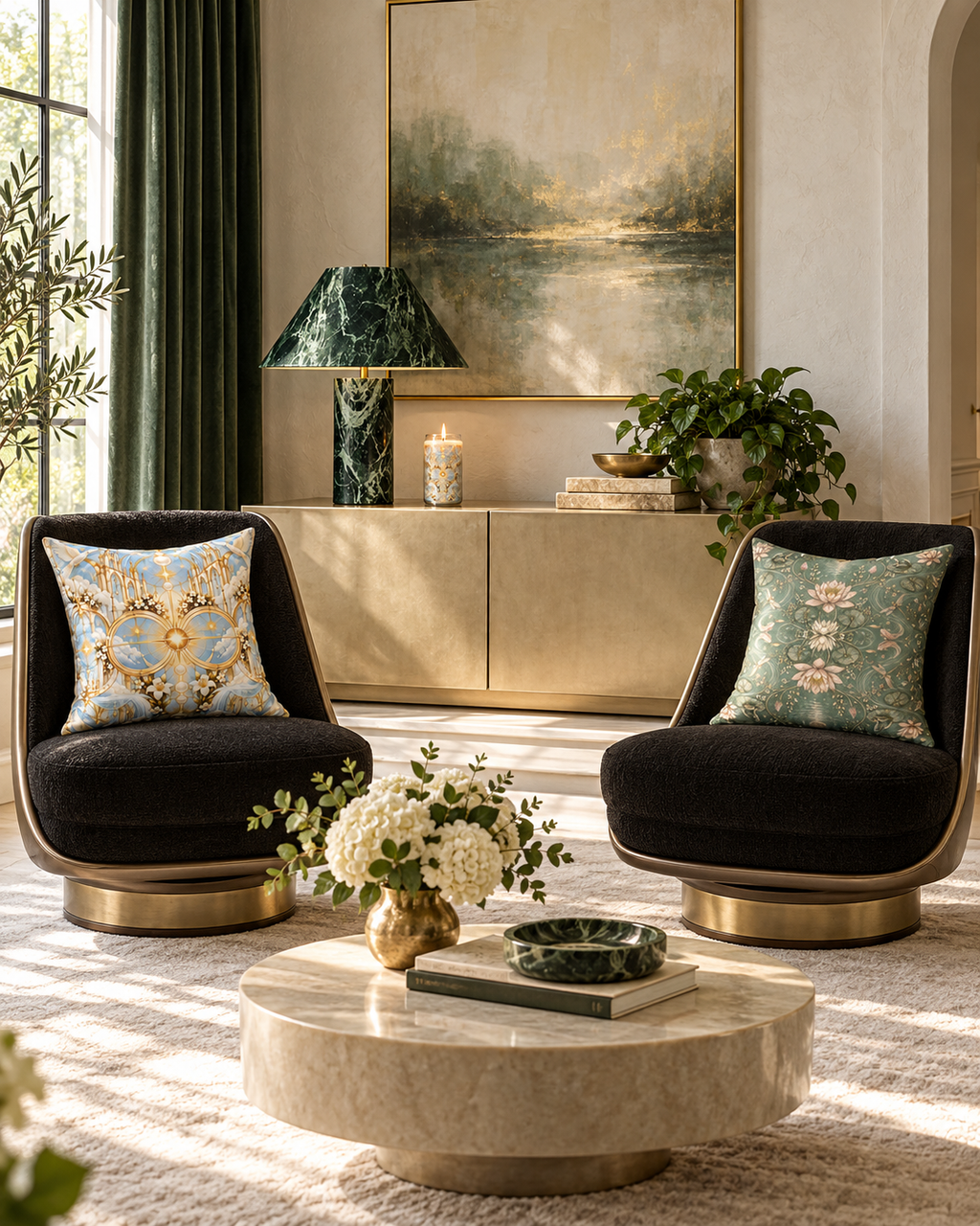 AI-styled interior: Alabaster Light Lounge featuring Cathedral of Light Alabaster Dawn Luxe Candle, Cathedral of Light Alabaster Dawn 20-inch Pillow, Nymphaea Nocturne Moon Mist Decorative Pillow