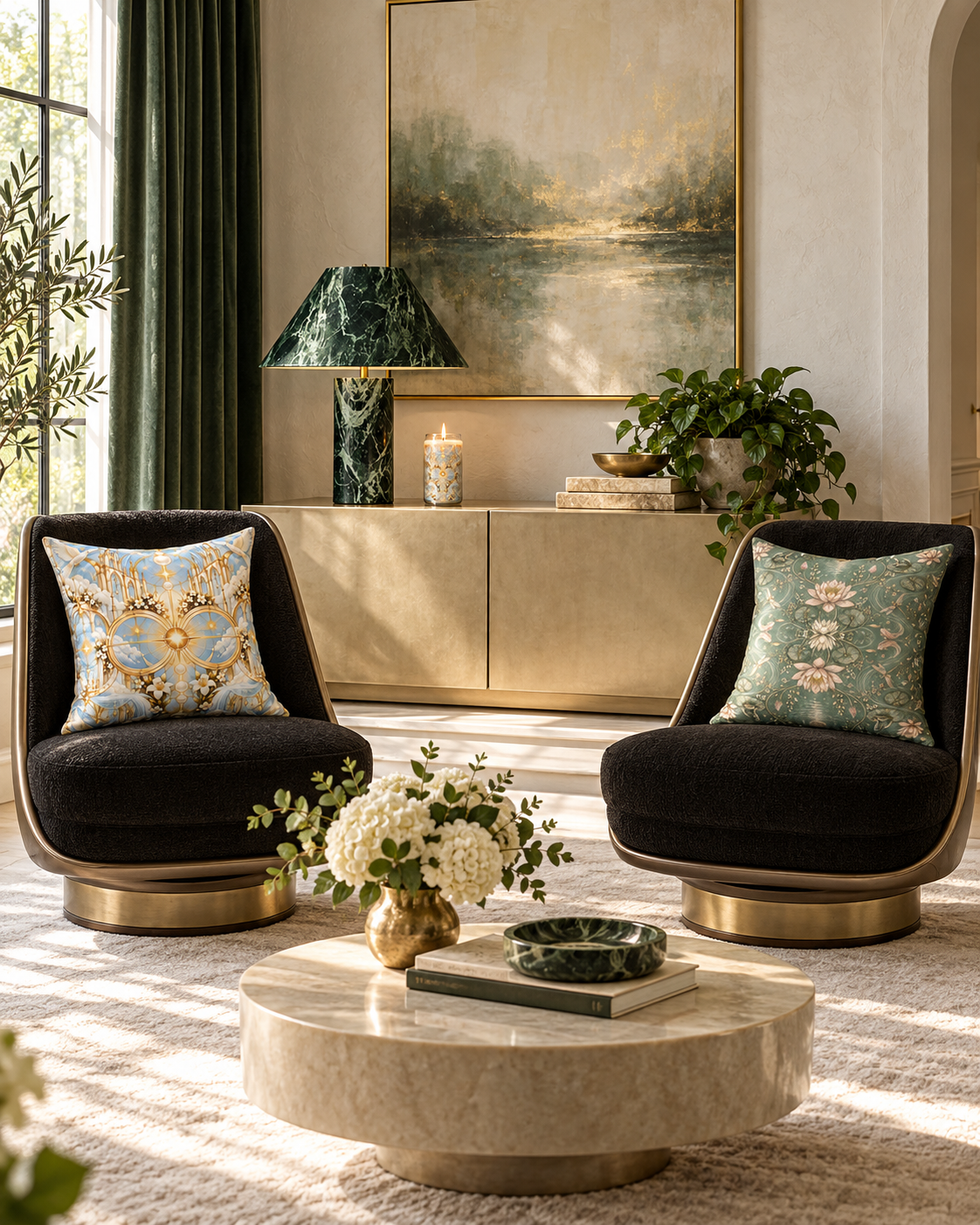 AI-styled interior: Alabaster Light Lounge featuring Cathedral of Light Alabaster Dawn Luxe Candle, Cathedral of Light Alabaster Dawn 20-inch Pillow, Nymphaea Nocturne Moon Mist Decorative Pillow