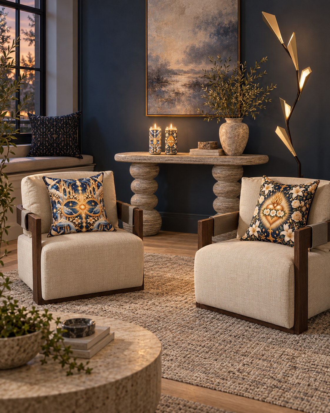 AI-styled interior: Midnight Heart Sanctuary featuring Cathedral of Light Celestial Blue Luxe Candle, Cathedral of Light Celestial Blue 20-inch Pillow, Immaculate Heart Midnight Blue Luxe Candle, Immaculate Heart Midnight Blue Decorative Pillow, Talisman Moonlight Nocturne Decorative Pillow