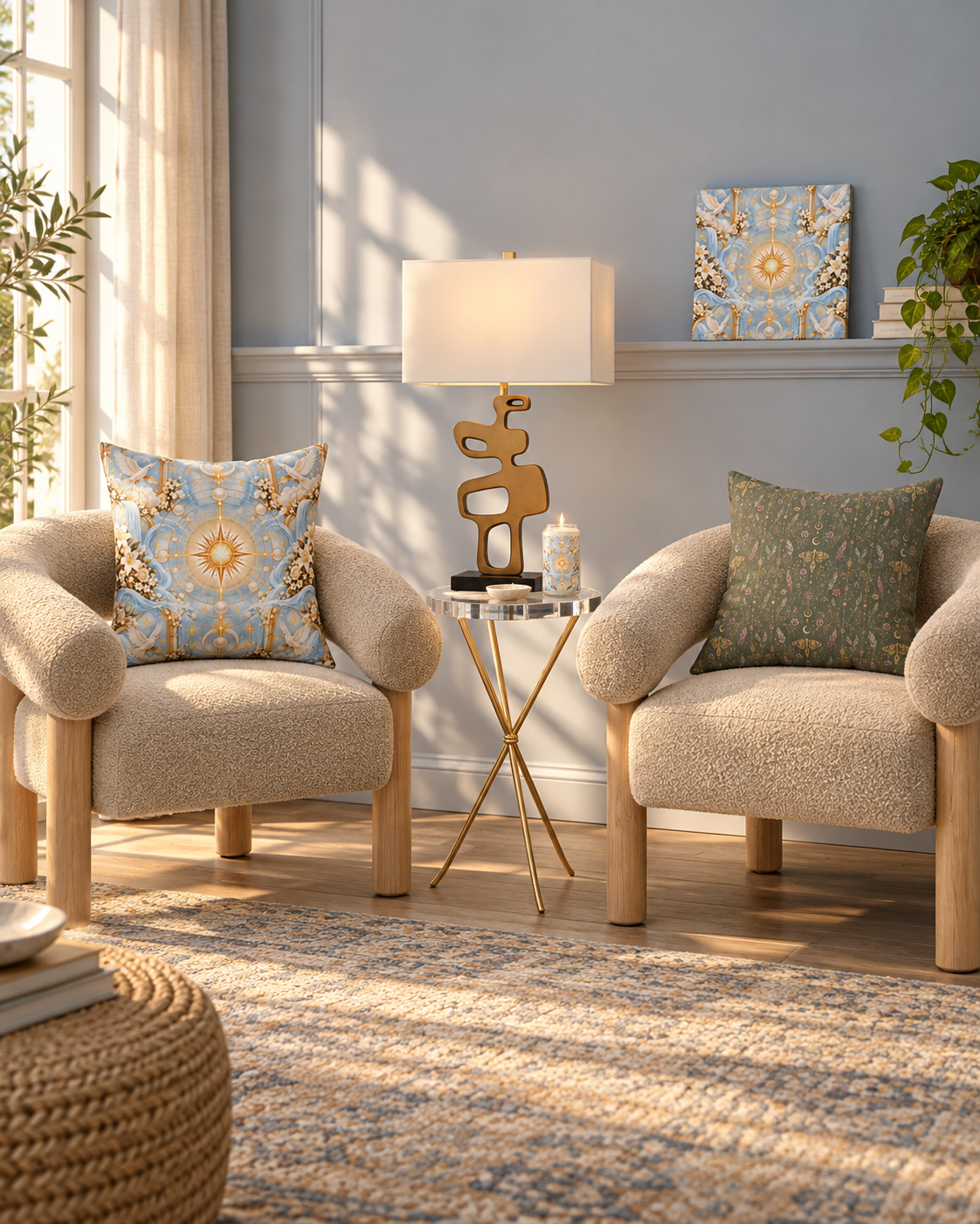 AI-styled interior: Pearl Daybreak Nook featuring Cosmic Glory Pearl Daybreak 20-inch Pillow, Cosmic Glory Pearl Daybreak Luxe Candle, Cosmic Glory Pearl Daybreak 8-inch Canvas, Talisman Moonlight Sage Decorative Pillow