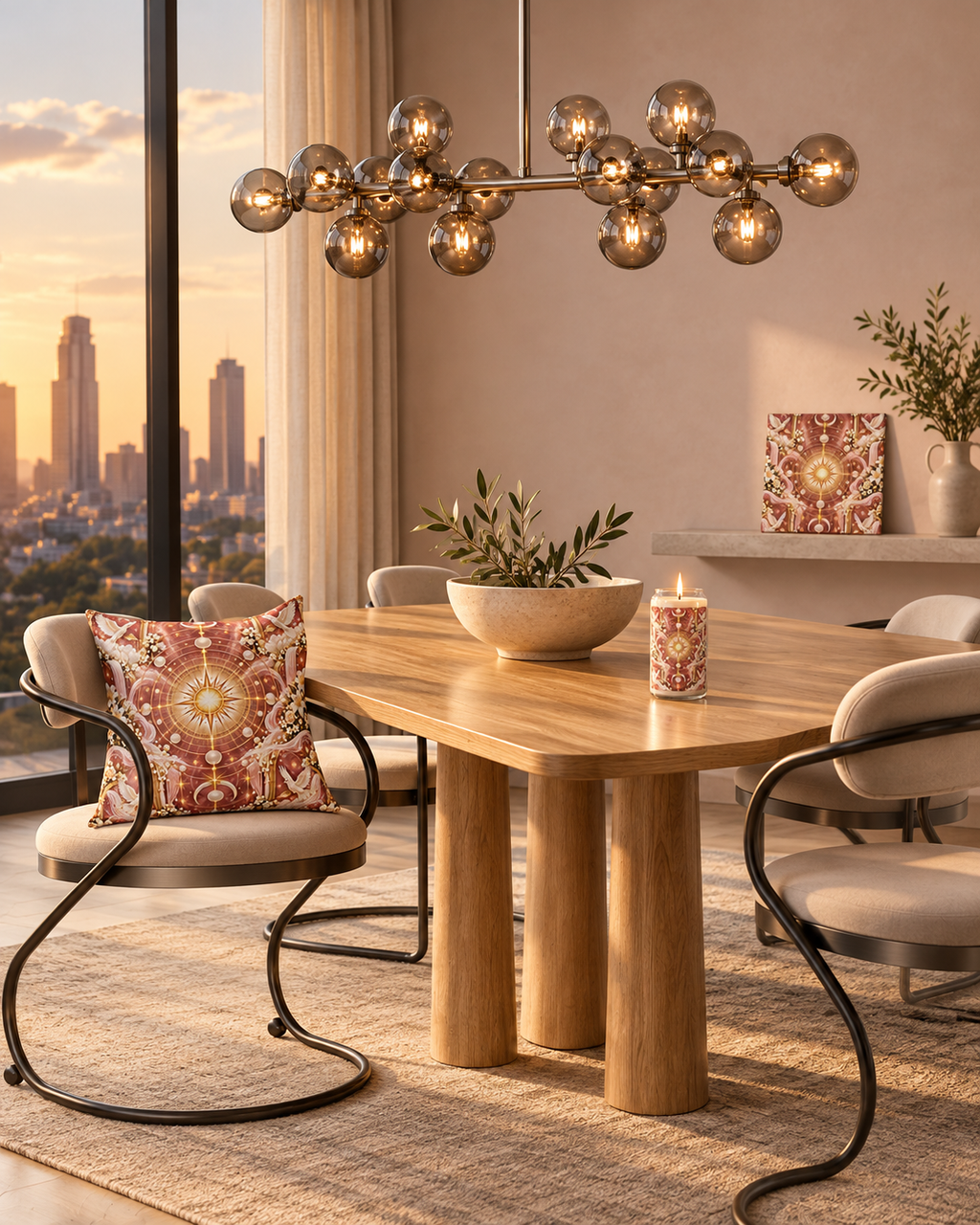 AI-styled interior: Twilight Rose Dining Room featuring Cosmic Glory Twilight Rose 20-inch Pillow, Cosmic Glory Twilight Rose Luxe Candle, Cosmic Glory Twilight Rose 8-inch Canvas
