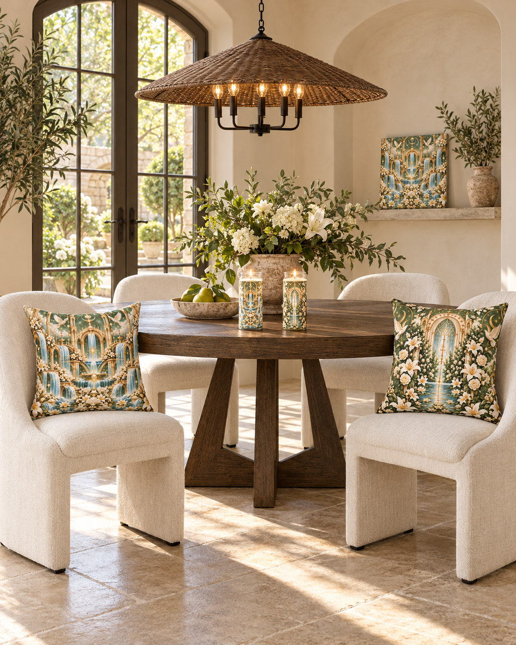 AI-styled interior: Sage Waters Breakfast Room featuring Living Waters Sanctuary Soft Sage Gold Luxe Candle, Living Waters Sanctuary Soft Sage Gold 20-inch Pillow, Living Waters Sanctuary Soft Sage Gold 8-inch Canvas, Immaculate Garden Sage Green Luxe Candle, Immaculate Garden Sage Green Decorative Pillow