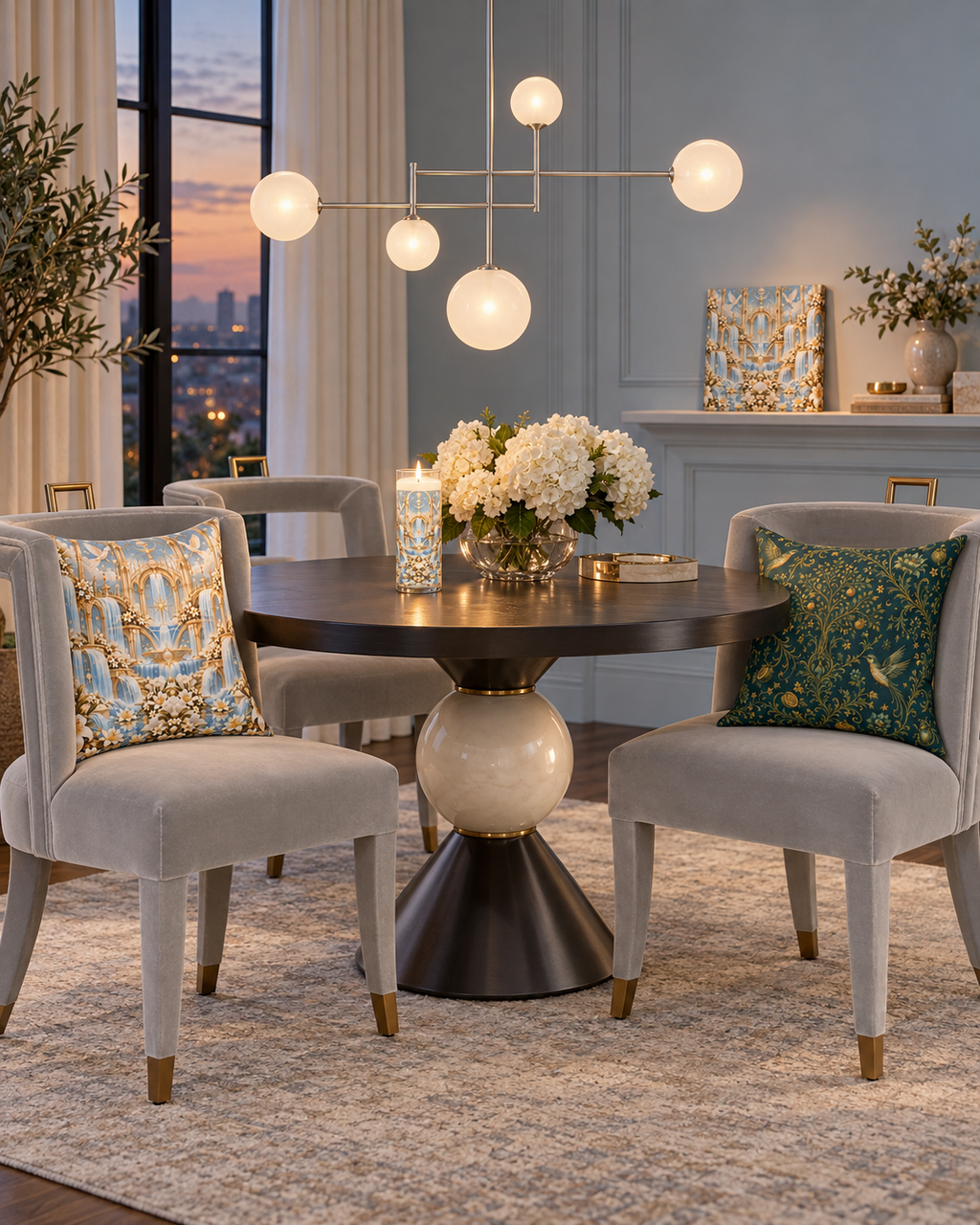 AI-styled interior: Moonstone Dining Salon featuring Living Waters Sanctuary Moonstone Ivory 20-inch Pillow, Living Waters Sanctuary Moonstone Ivory Luxe Candle, Living Waters Sanctuary Moonstone Ivory 8-inch Canvas, Sacred Canopy Verdigris Decorative Pillow