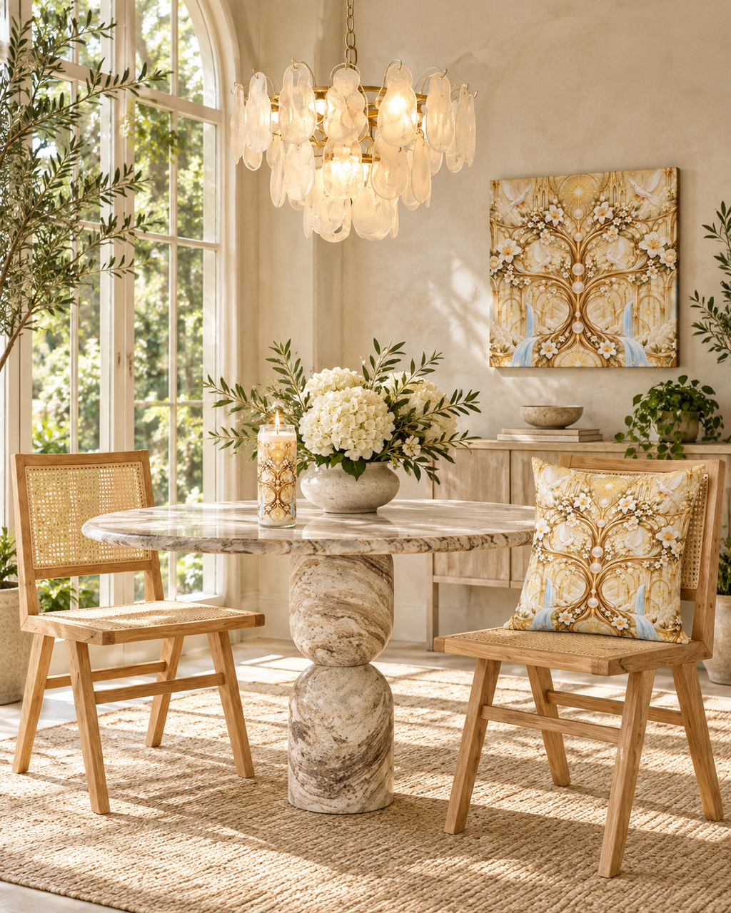 AI-styled interior: Alabaster Tree Conservatory featuring Tree of Heaven Alabaster Gold Luxe Candle, Tree of Heaven Alabaster Gold 20-inch Pillow, Tree of Heaven Alabaster Gold Wrapped Canvas