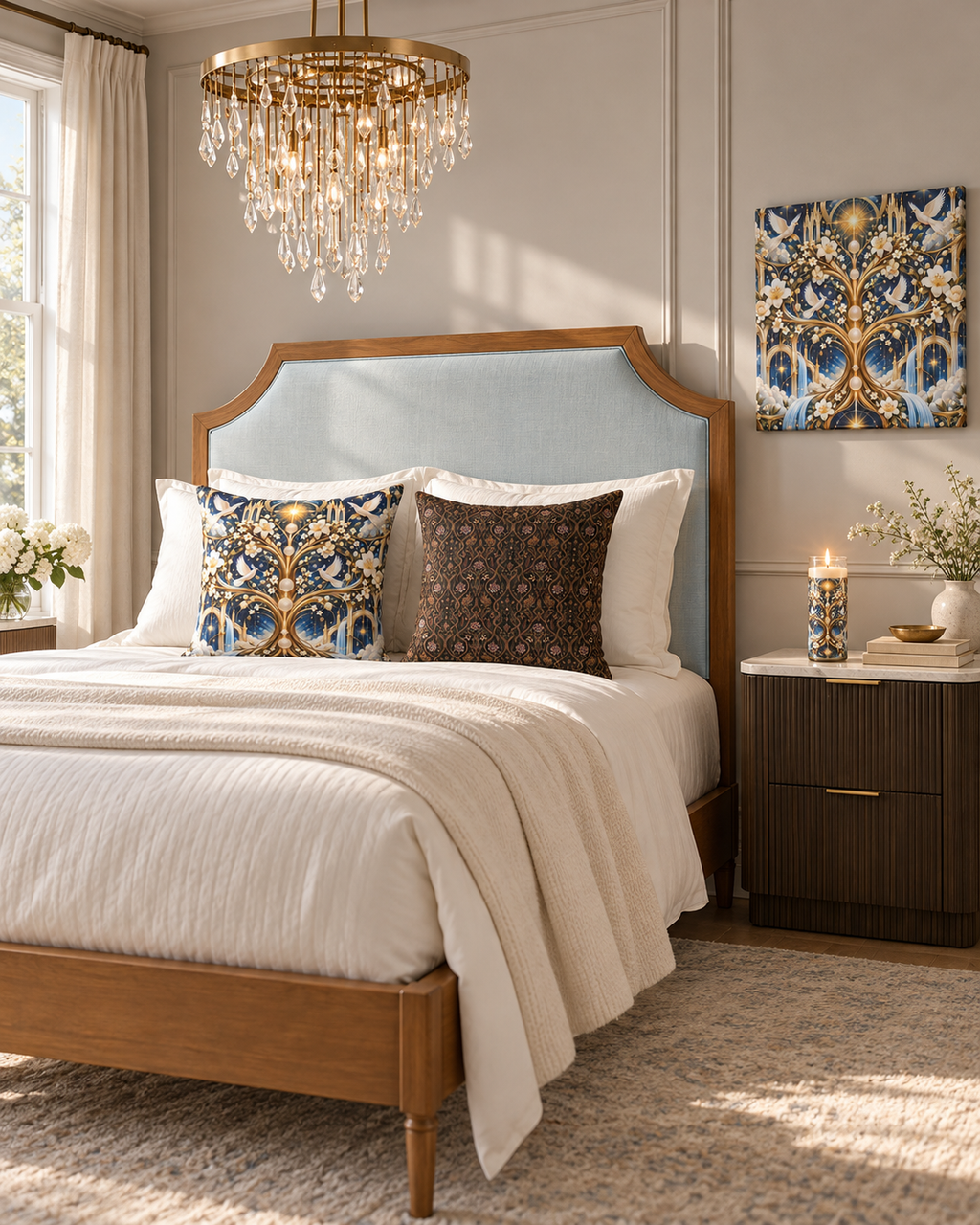 AI-styled interior: Tree of Heaven Bedroom featuring Tree of Heaven Celestial Blue Luxe Candle, Tree of Heaven Celestial Blue 20-inch Pillow, Tree of Heaven Celestial Blue Wrapped Canvas, Serpent Conservatory Bronze Nocturne Decorative Pillow
