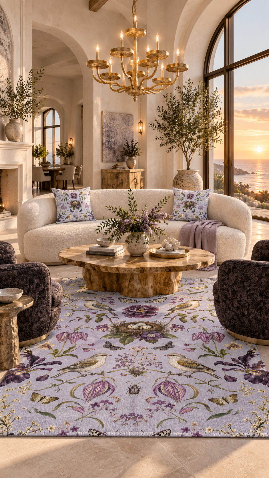 AI-styled interior concept for Botanical Bird's Nest Lilac: Botanical Bird's Nest Lilac sitting room.