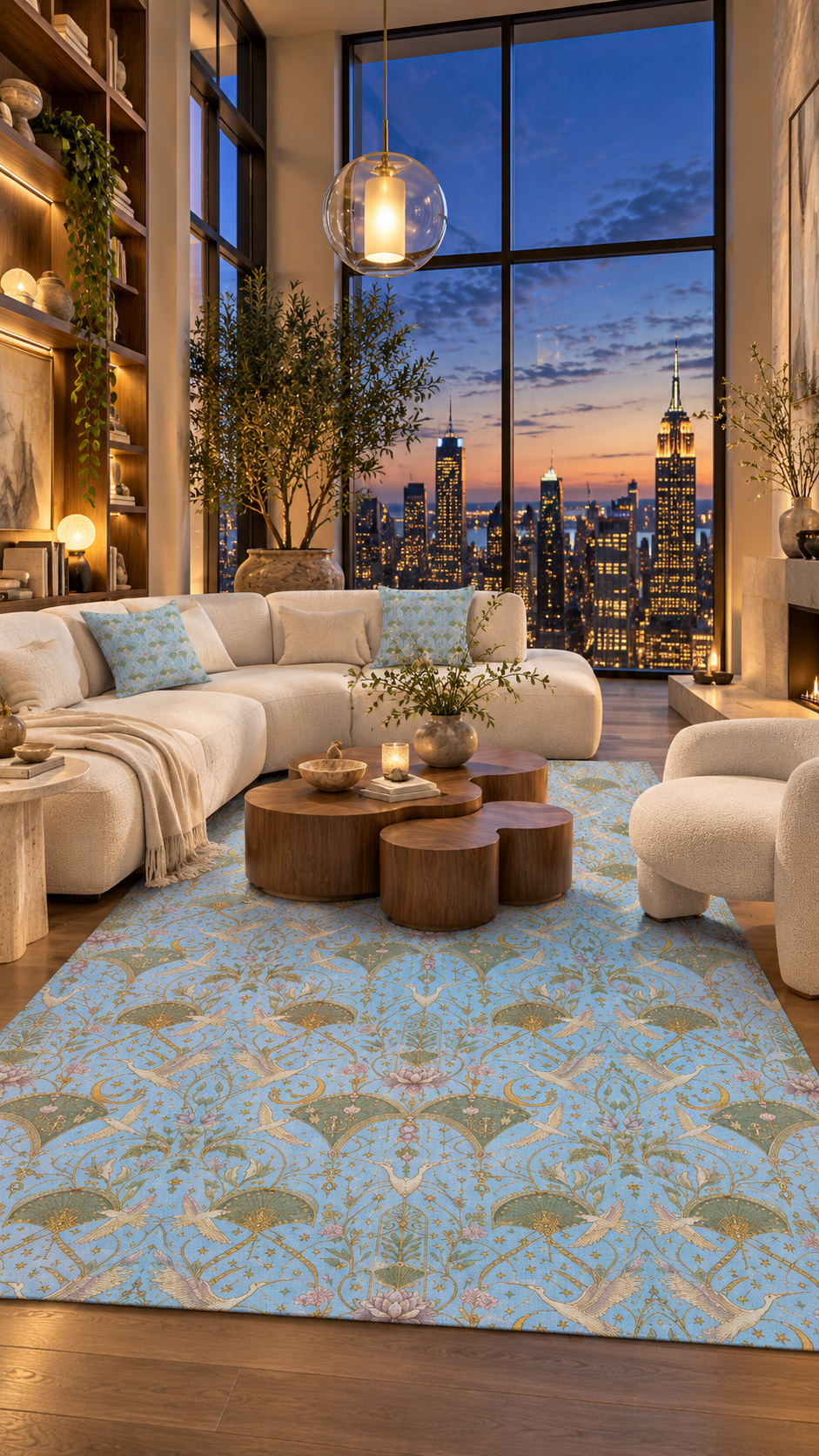 AI-styled interior concept for Celestial Aviary Blue Hour: Celestial Aviary Blue Hour living room.