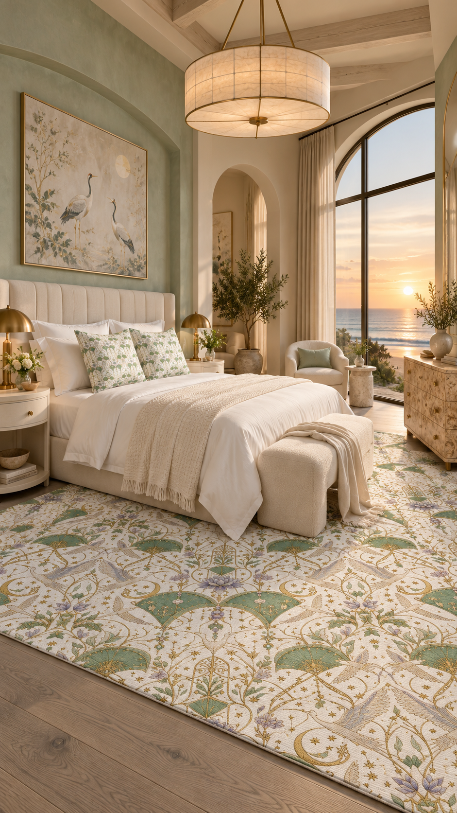 AI-styled interior concept for Celestial Aviary Moon Milk: Celestial Aviary Moon Milk bedroom.