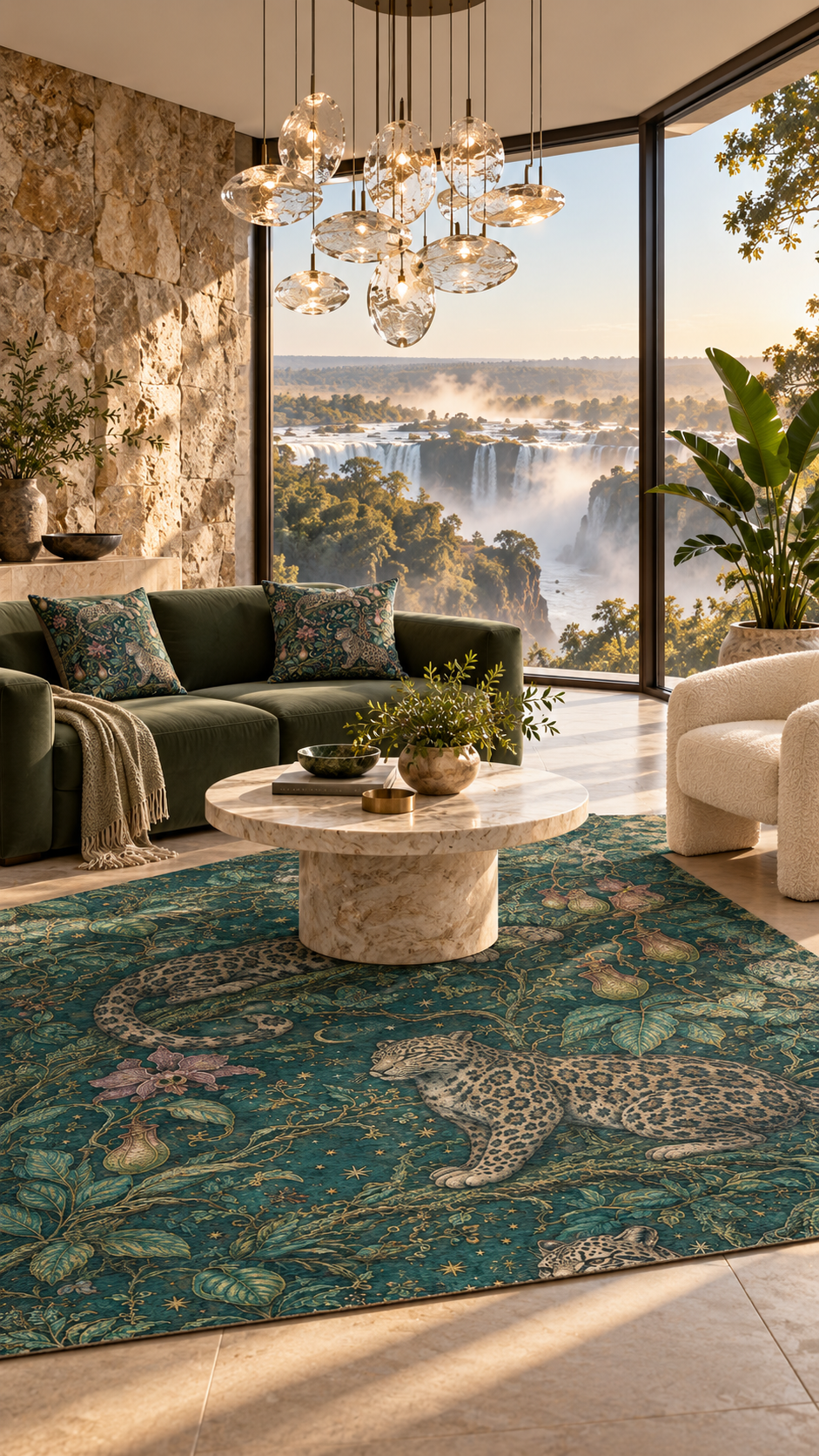 AI-styled interior concept for Cloud Leopard Reverie Verdigris: Cloud Leopard Reverie Verdigris lounge.
