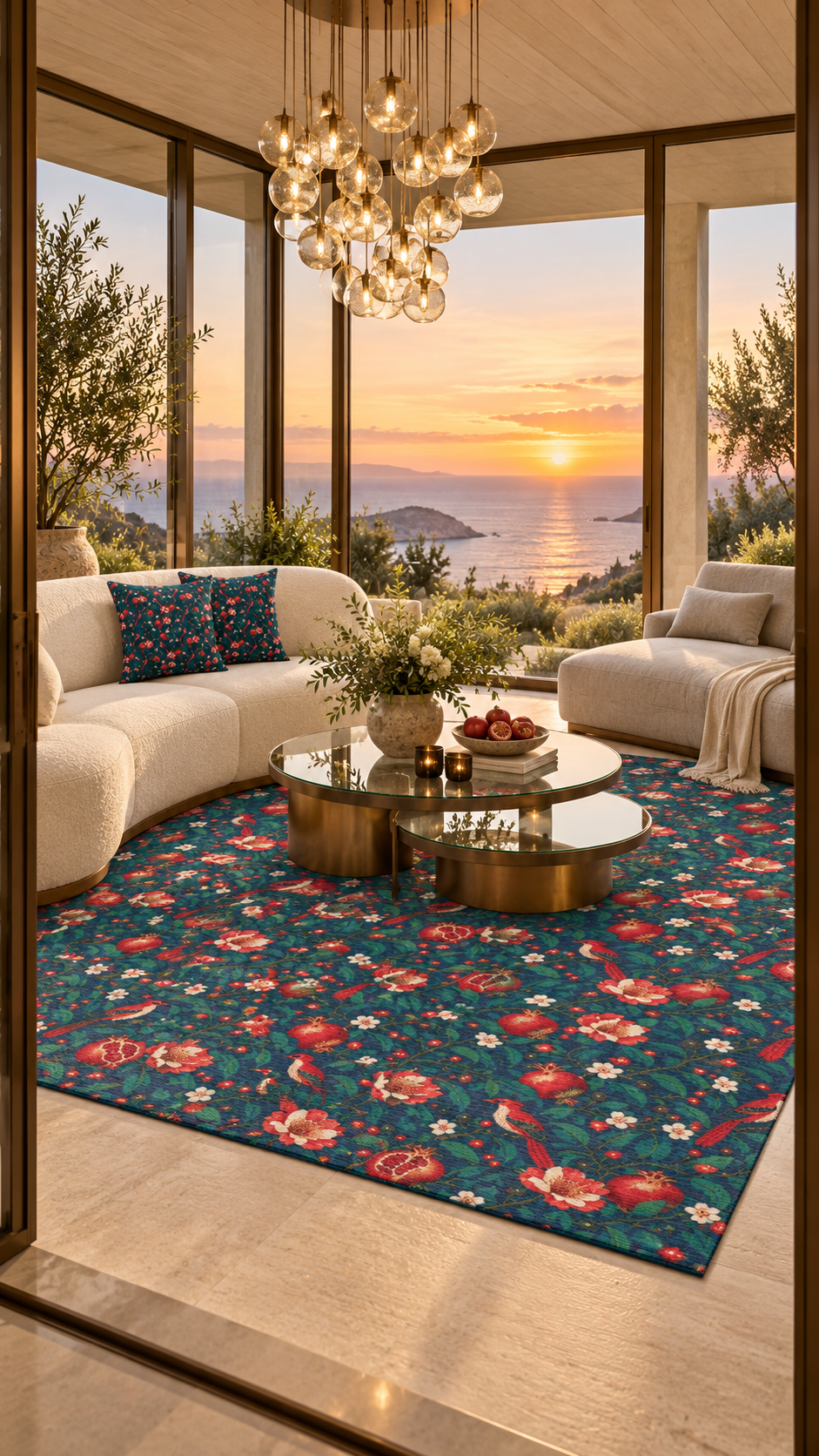 AI-styled interior concept for Gilded Orchard Blue Hour: Gilded Orchard Blue Hour sunroom.