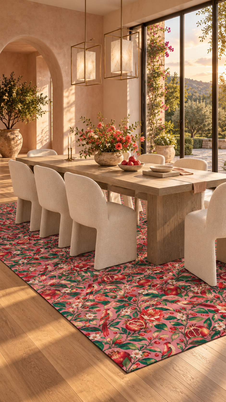 AI-styled interior concept for Gilded Orchard Pink Orchard: Gilded Orchard Pink Orchard dining room.