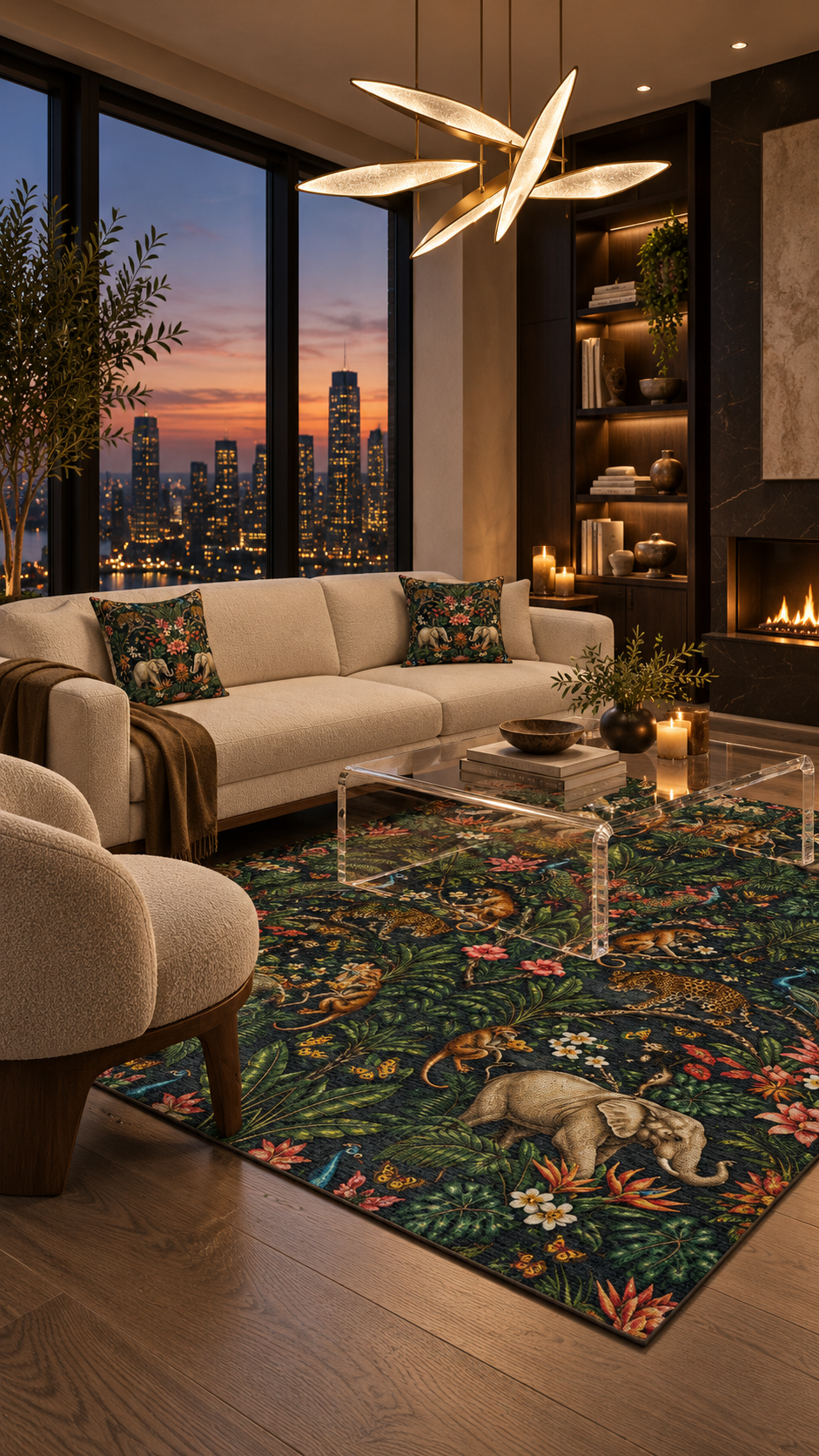 AI-styled interior concept for Mystic Jungle Midnight Jungle: Mystic Jungle Midnight Jungle moody living room.