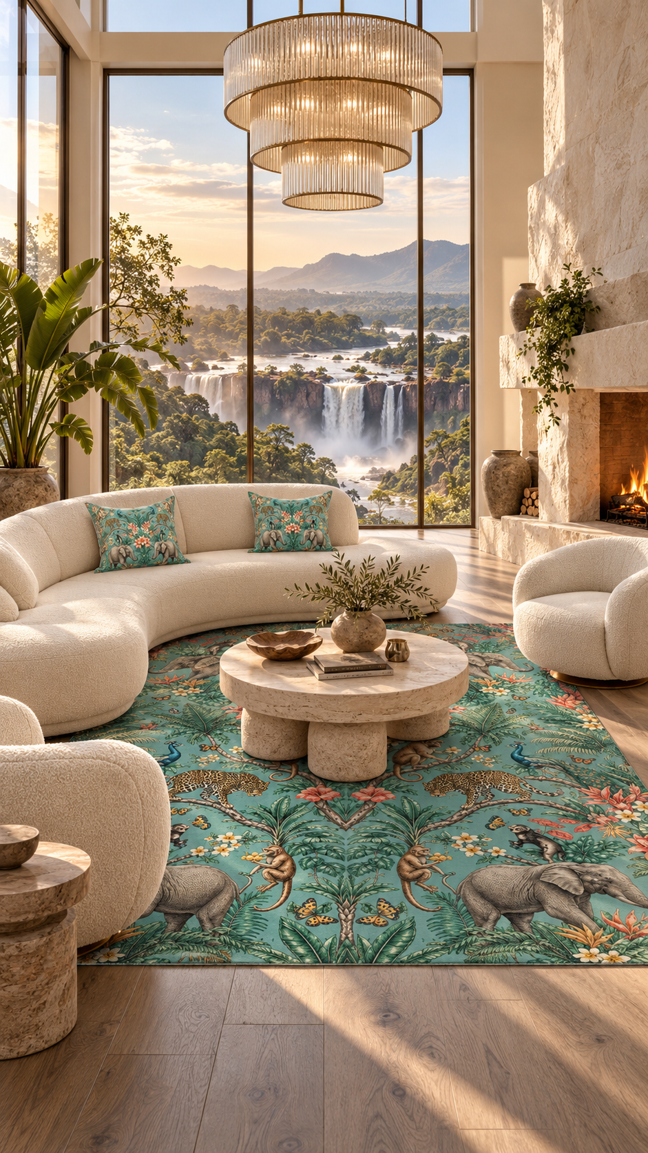AI-styled interior concept for Mystic Jungle Verdigris Jungle: Mystic Jungle Verdigris Jungle living room.