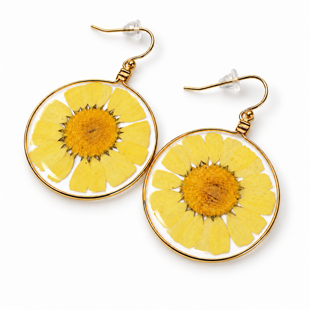 Yellow Wild Daisy Rose Quartz Earrings