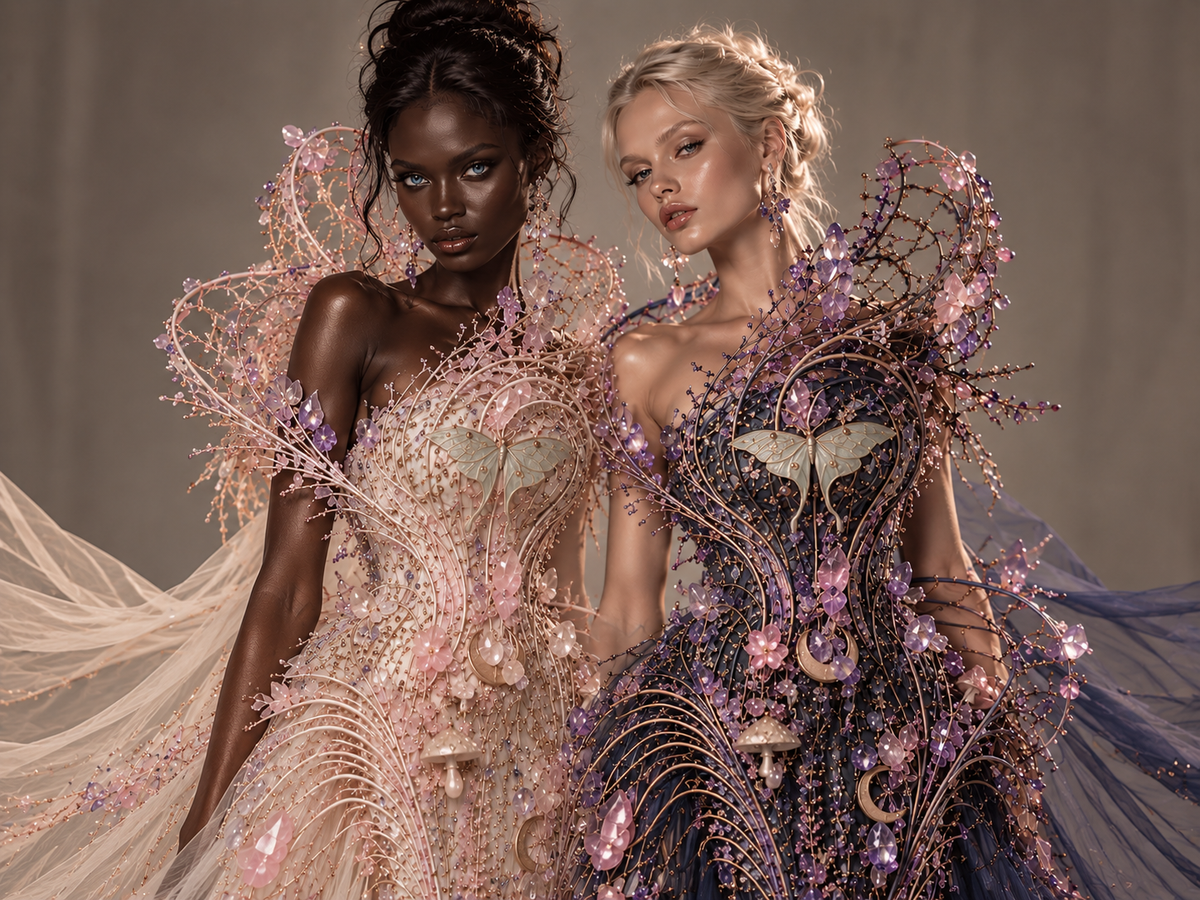 Saint Esprit Nymphaea Nocturne couture gown in midnight, pearl and rose