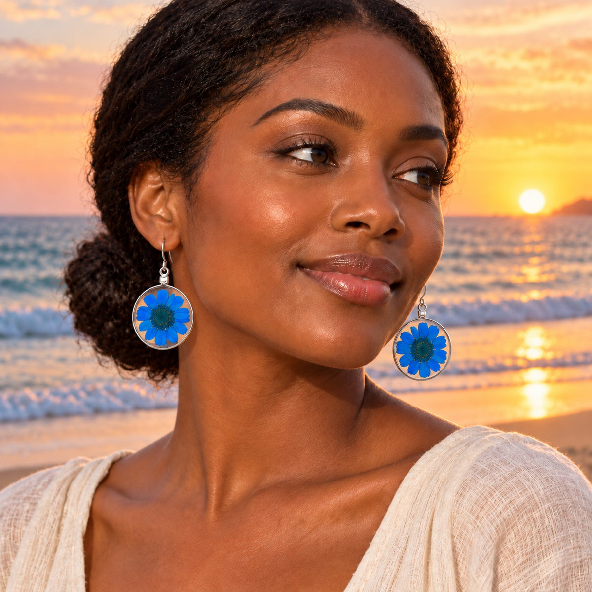 Blue Wild Daisy Rose Quartz Earrings