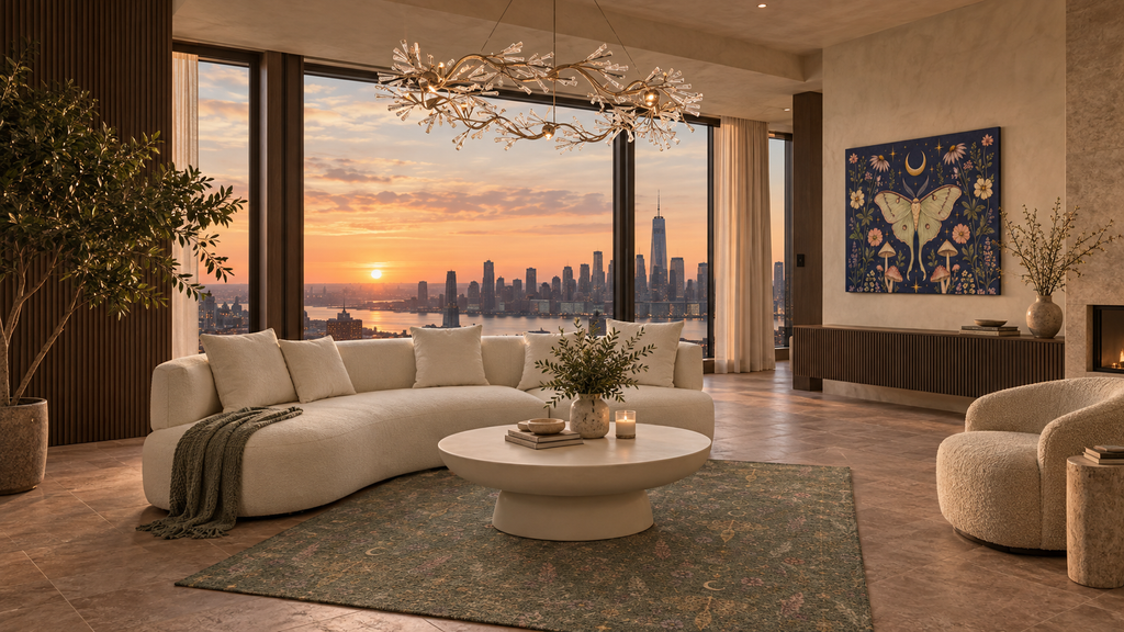 Luna Apothecary Indigo canvas styled in the Hudson Afterglow living room by Holi.spirits