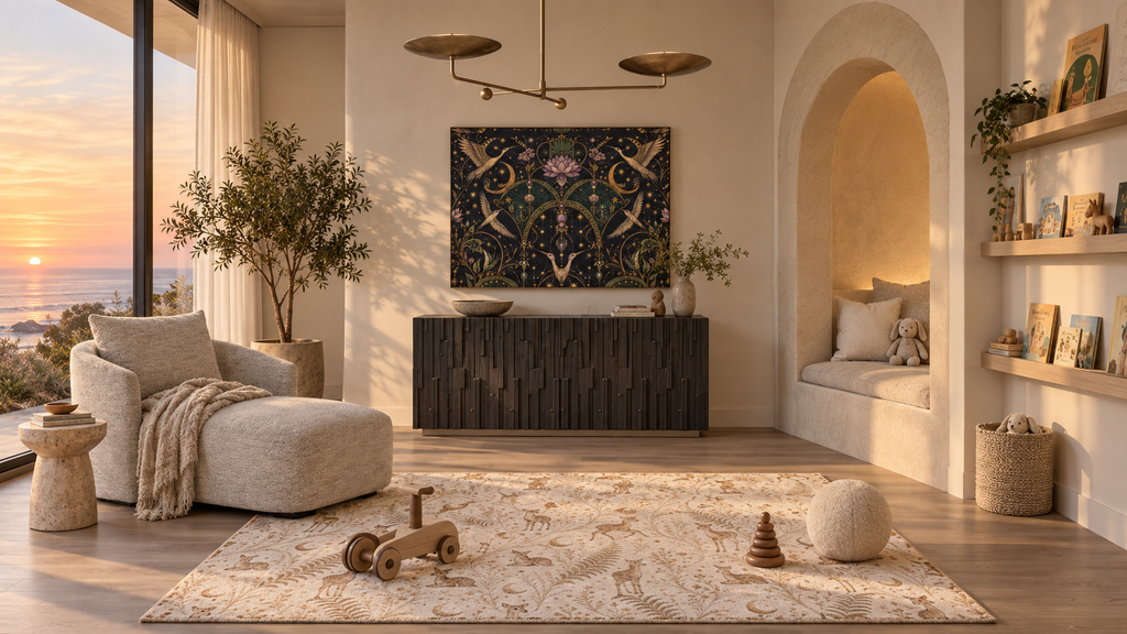 Celestial Aviary Nocturne canvas styled in the Moon Garden Playroom children's playroom by Holi.spirits