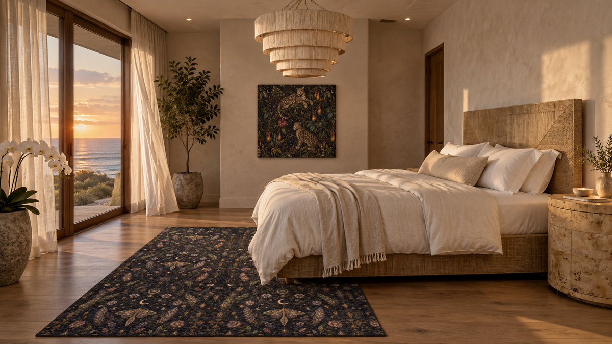 Cloud Leopard Reverie Nocturne canvas styled in the Dune Retreat primary bedroom by Holi.spirits