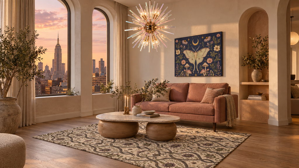 Luna Apothecary Indigo canvas styled in the Rosewater Retreat living room by Holi.spirits