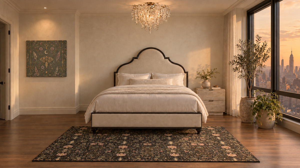 Talisman Moonlight Sage canvas styled in the Pearl Skyline primary bedroom by Holi.spirits