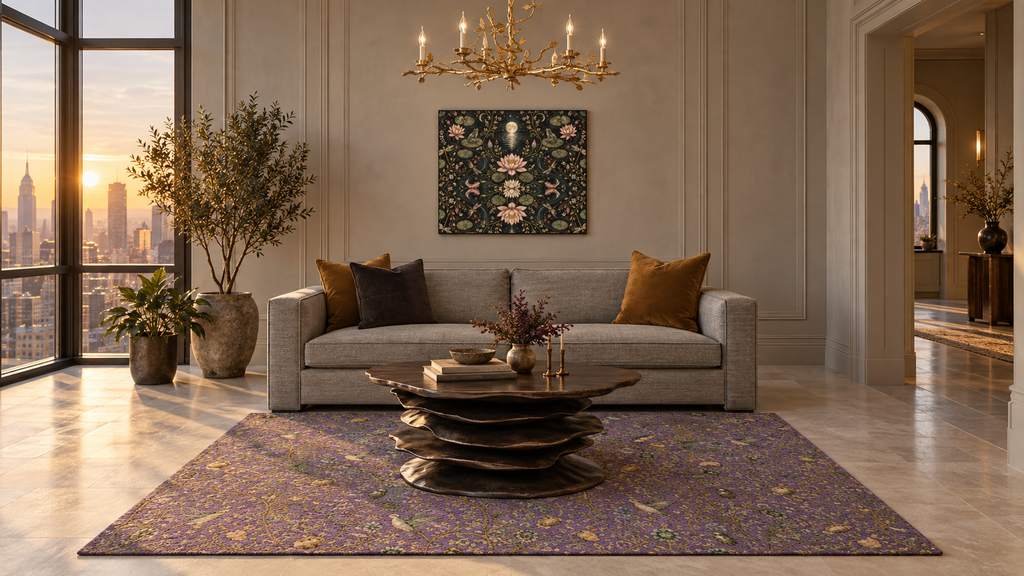 Sacred Canopy Amethyst area rug styled in the Amethyst Salon living room by Holi.spirits