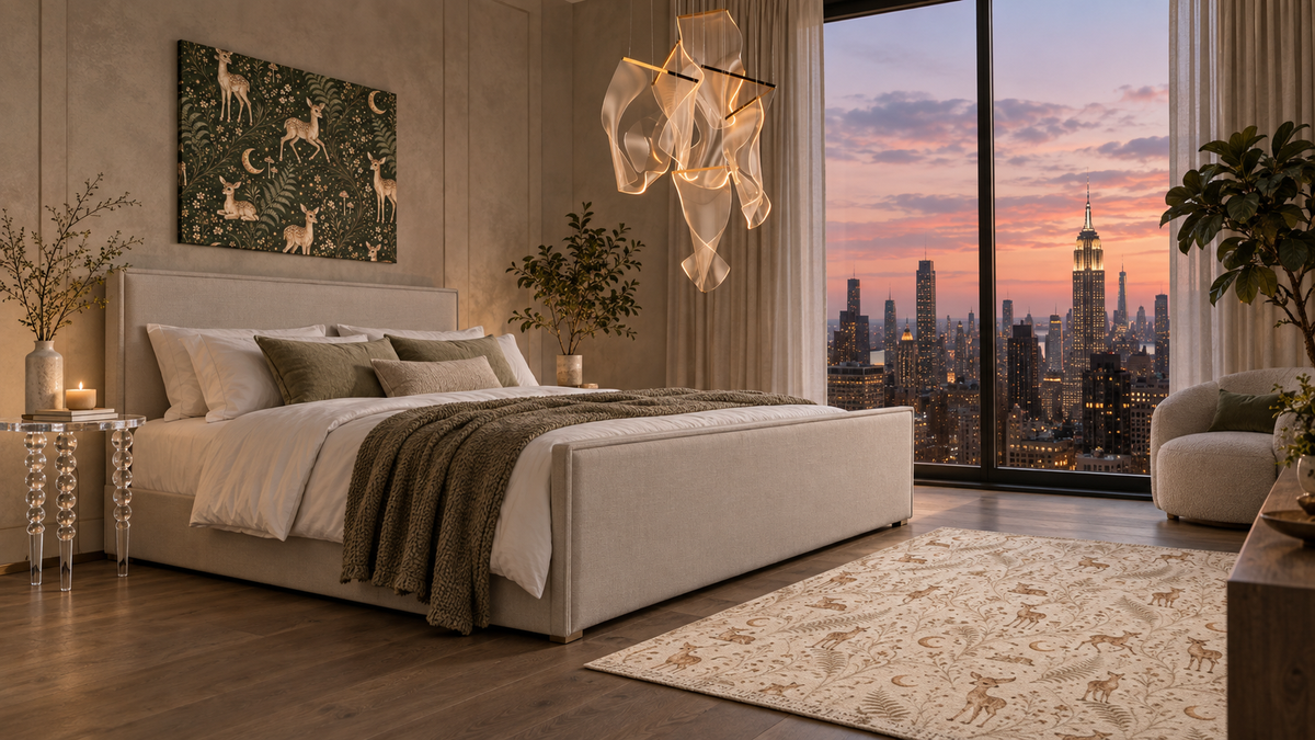 Astral Fawn Forest canvas styled in the Twilight Atelier primary bedroom by Holi.spirits