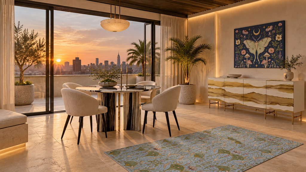Luna Apothecary Indigo canvas styled in the Panda Marble Loggia terrace dining room by Holi.spirits