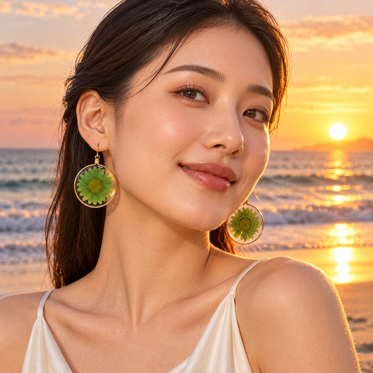 Green Wild Daisy Rose Quartz Earrings