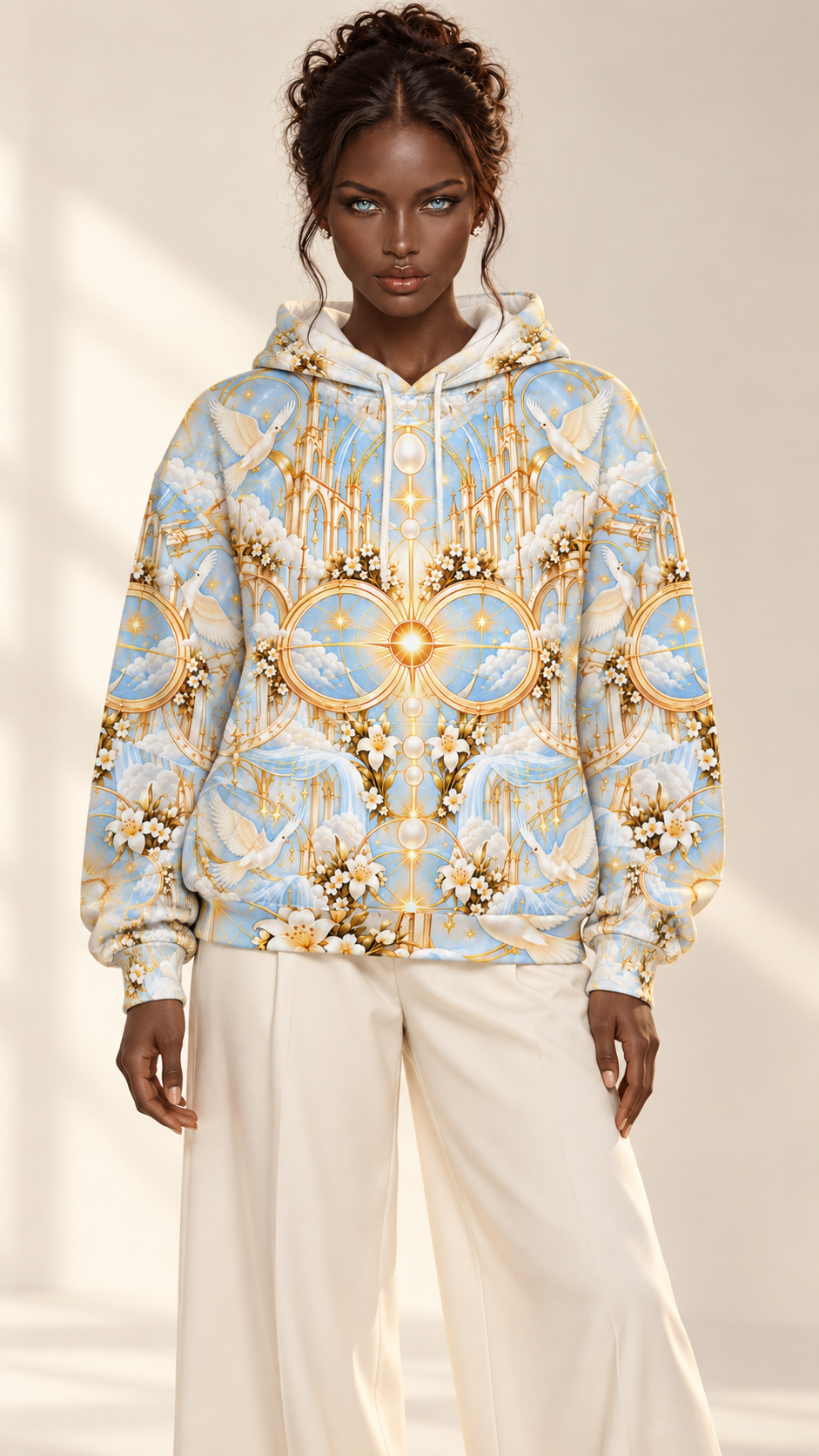 Cathedral of Light Alabaster Dawn Pullover Hoodie modeled by Céleste
