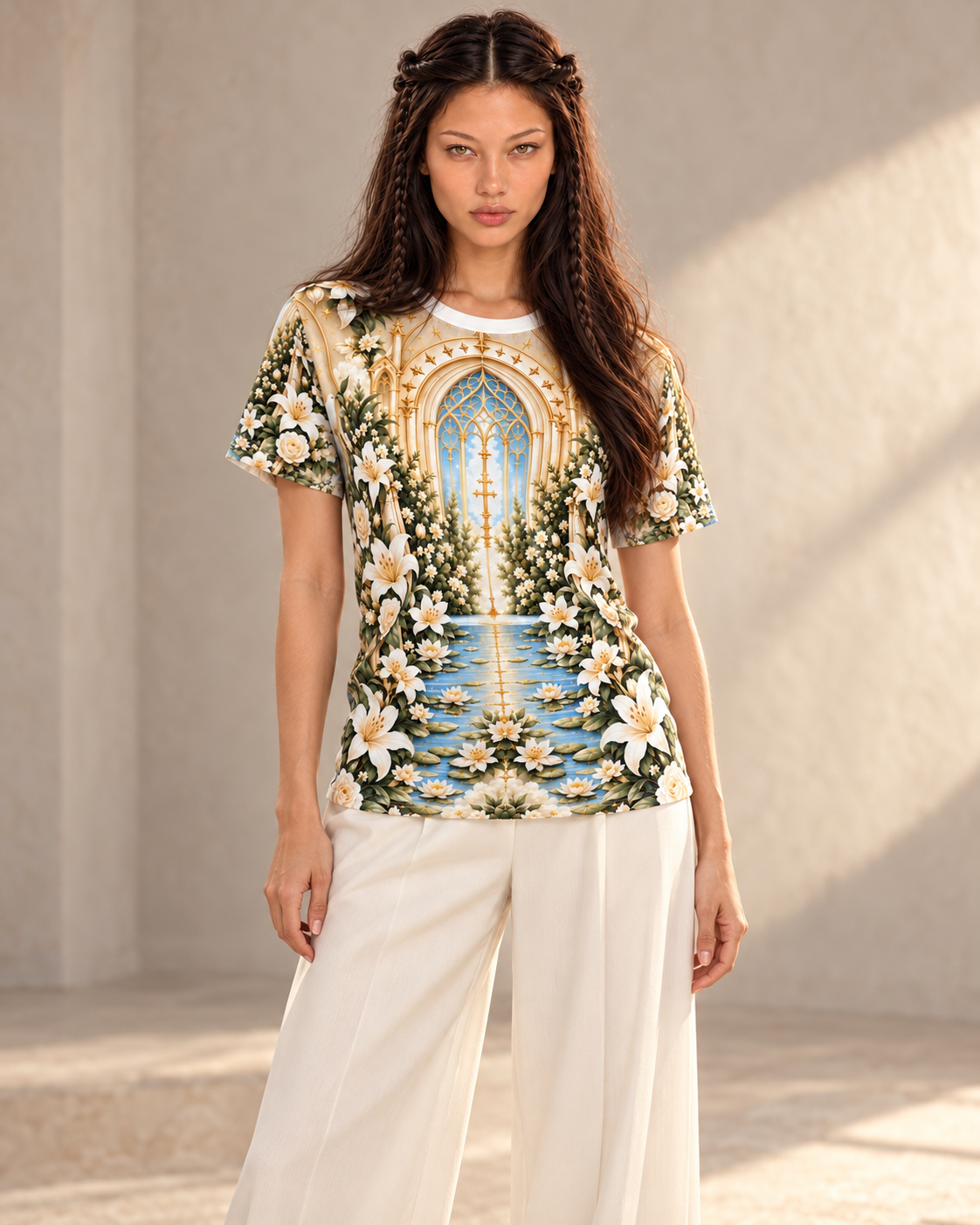 Immaculate Garden Champagne All-over-print T-Shirt modeled for Holi.spirits