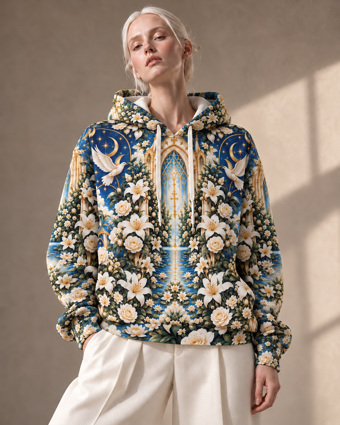 Immaculate Garden Marian Blue Pullover Hoodie modeled for Holi.spirits