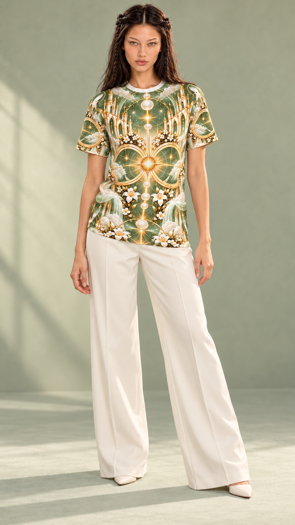 Cathedral of Light Sage Sanctuary All-over-print T-Shirt modeled for Holi.spirits