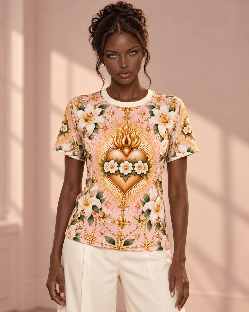 Immaculate Heart Blush Rose All-over-print T-Shirt modeled for Holi.spirits