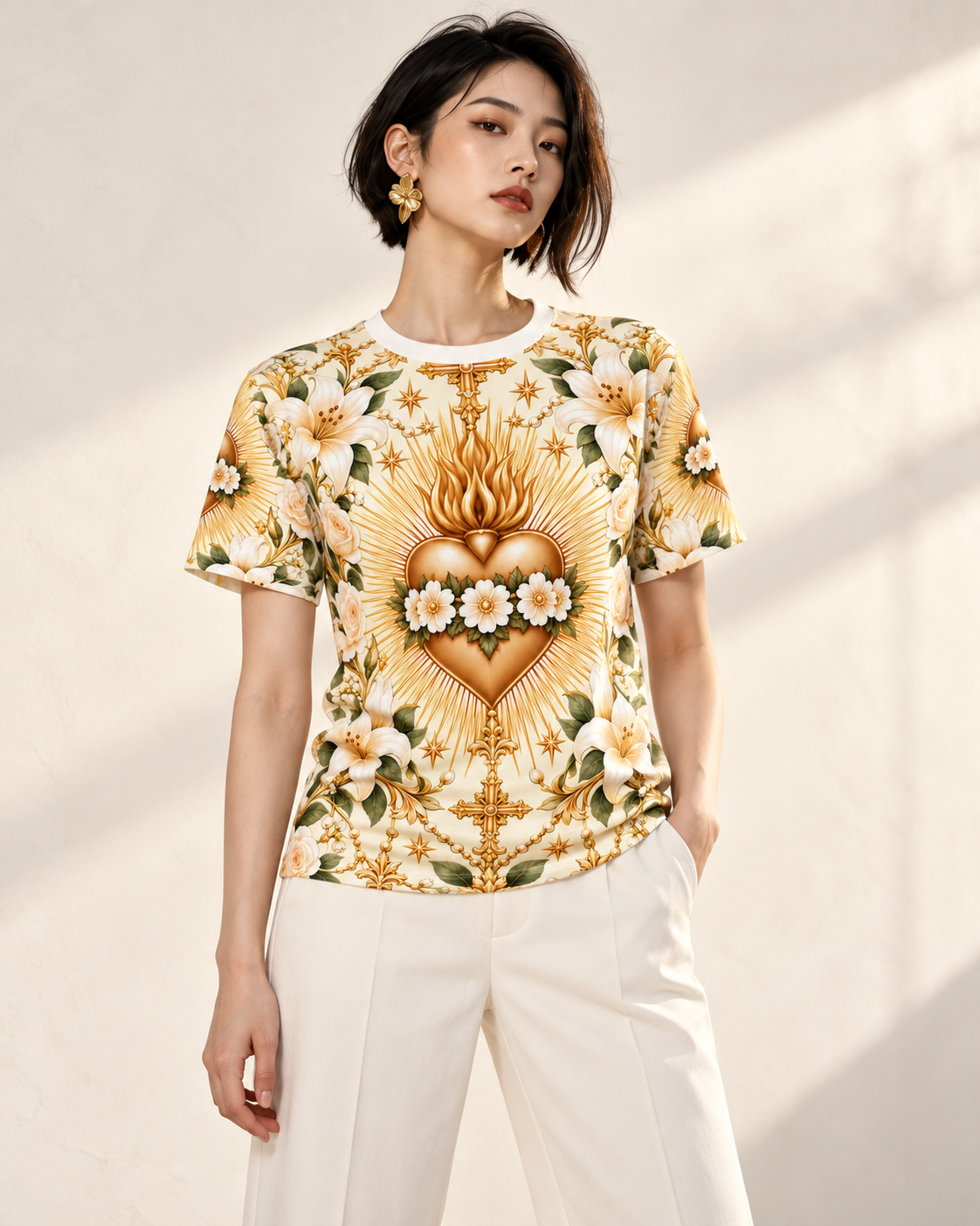 Immaculate Heart Ivory All-over-print T-Shirt modeled for Holi.spirits